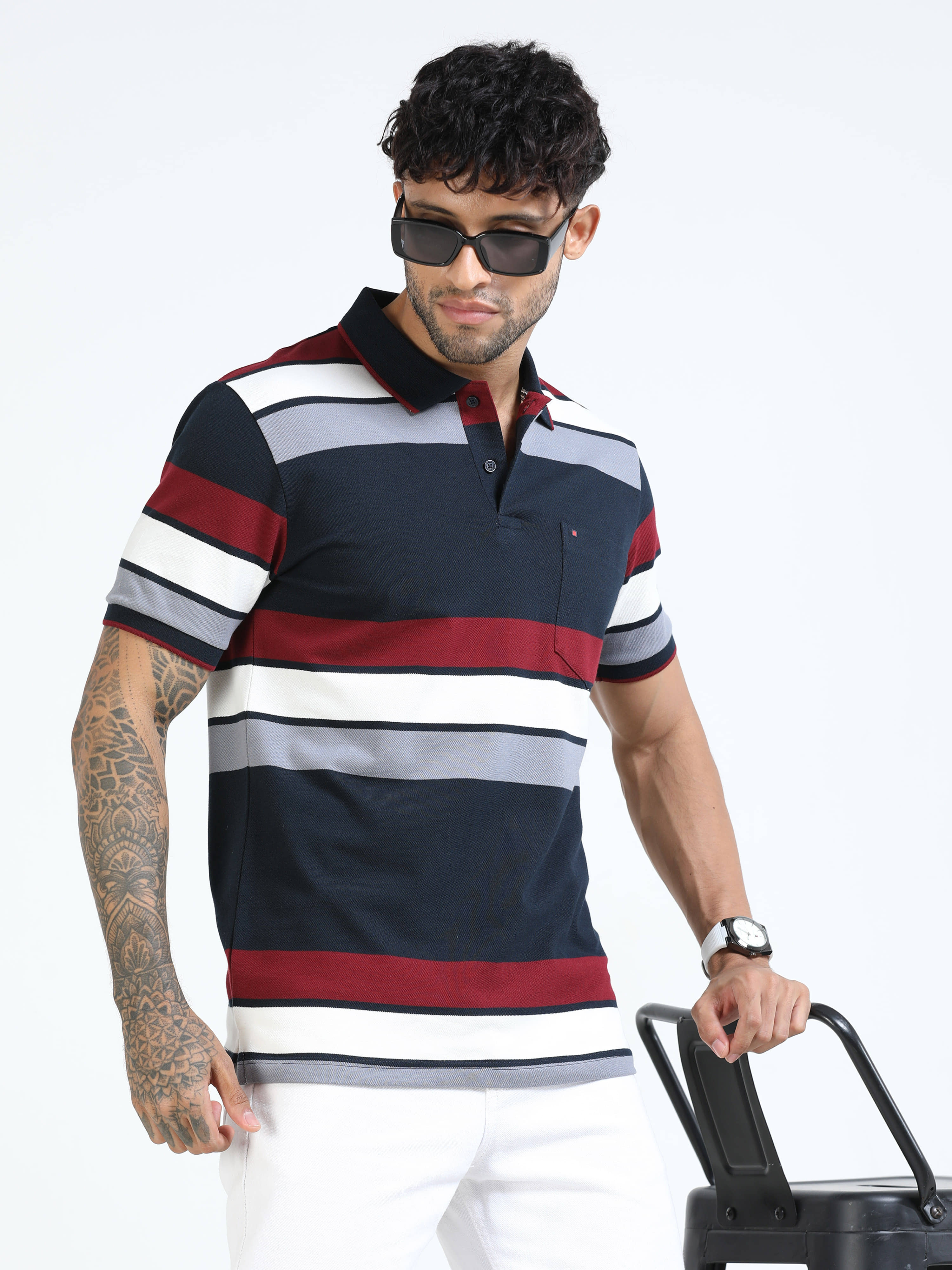Cool Colors Men Cotton Blend Slim Fit Striped Polo T Shirt ( Navy )
