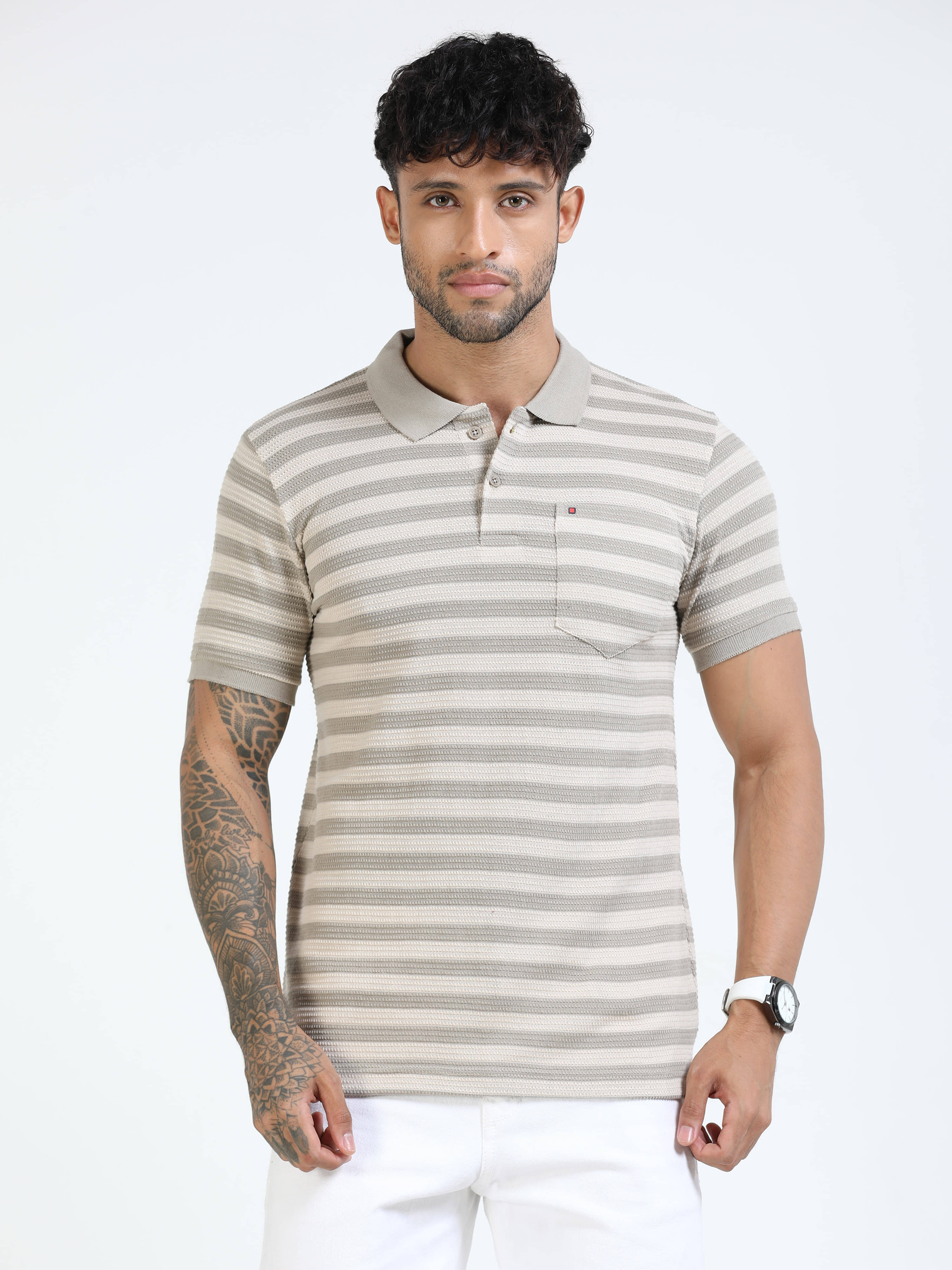 Cool Colors Men Cotton Blend Slim Fit Striped Polo T Shirt ( Cream )