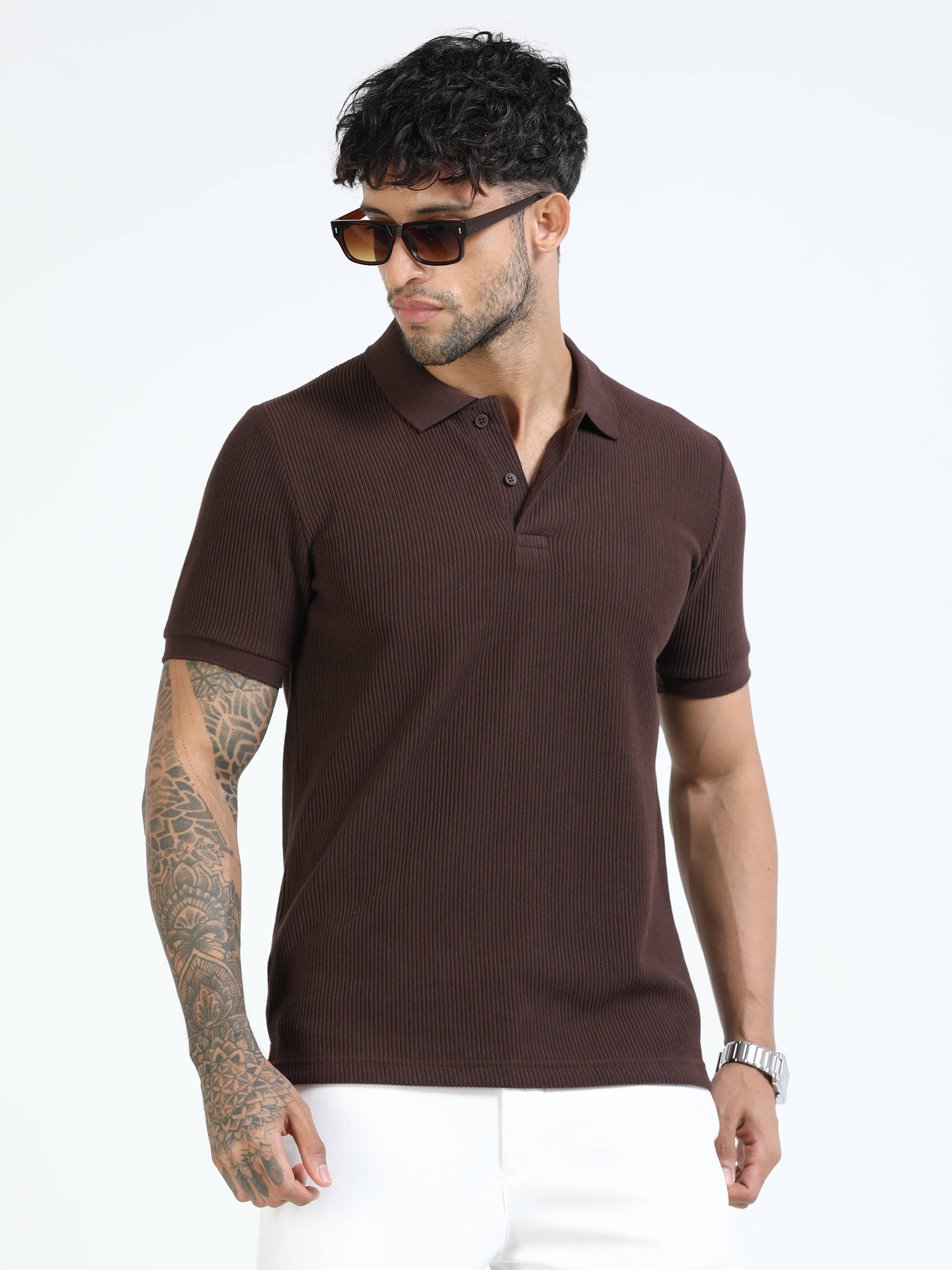 Cool Colors Men Cotton Blend Slim Fit Solid Polo T Shirt ( Brown )