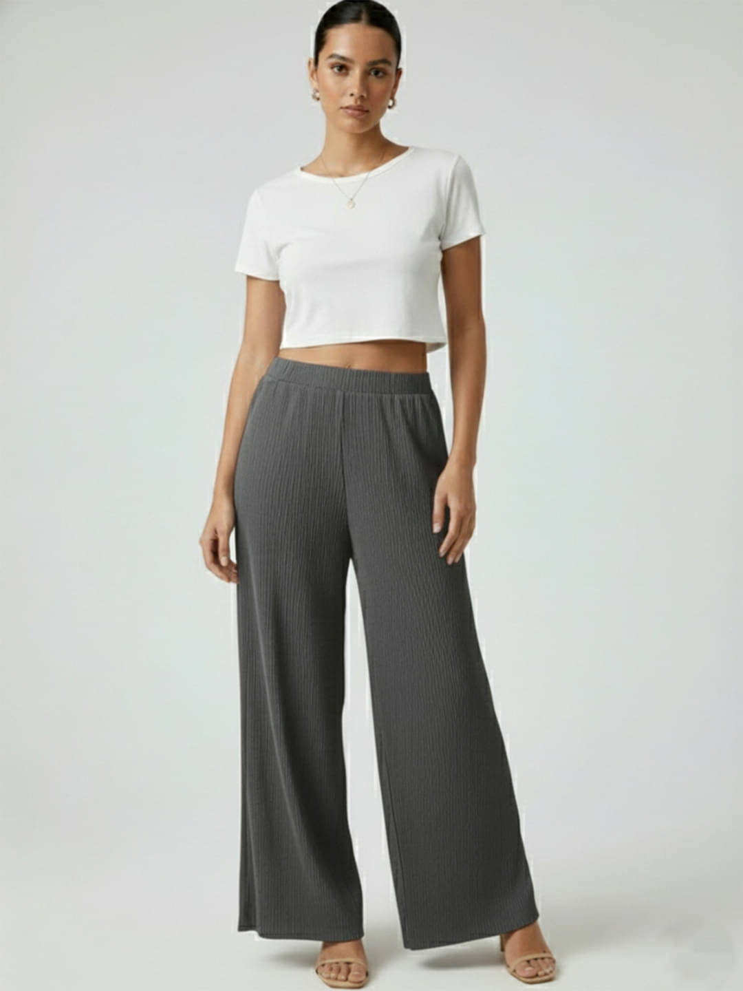     			DTR FASHION Women Cotton Blend Wide Leg Trousers ( Grey )