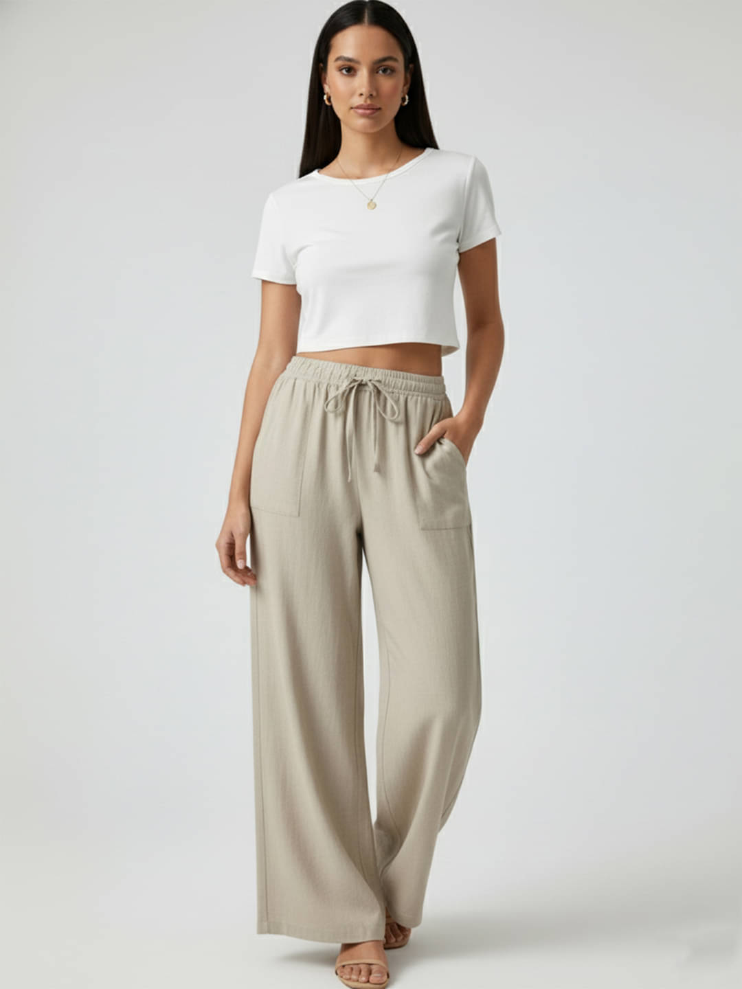     			DTR FASHION Women Cotton Wide Leg Trousers ( Beige )