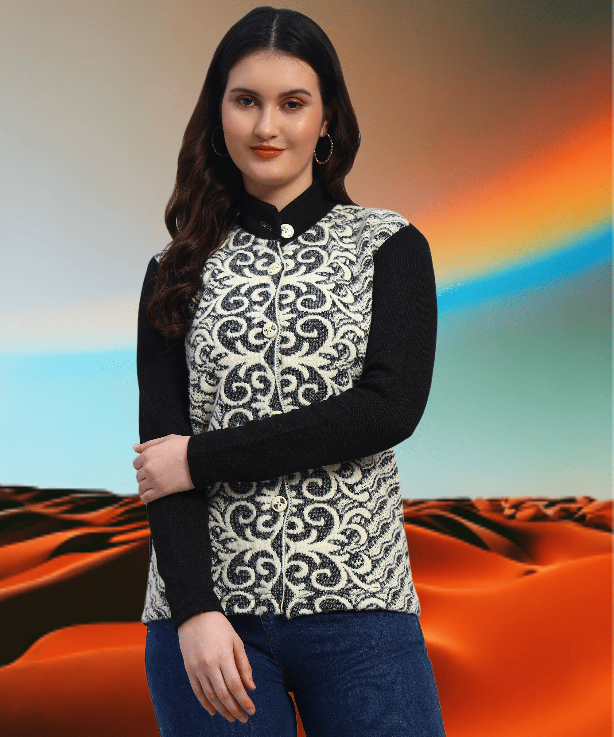 GRAND MALBORK Women Woollen Round Neck Cardigan ( Black ) GRAND MALBORK Women Woollen Round Neck Cardigan ( Black )