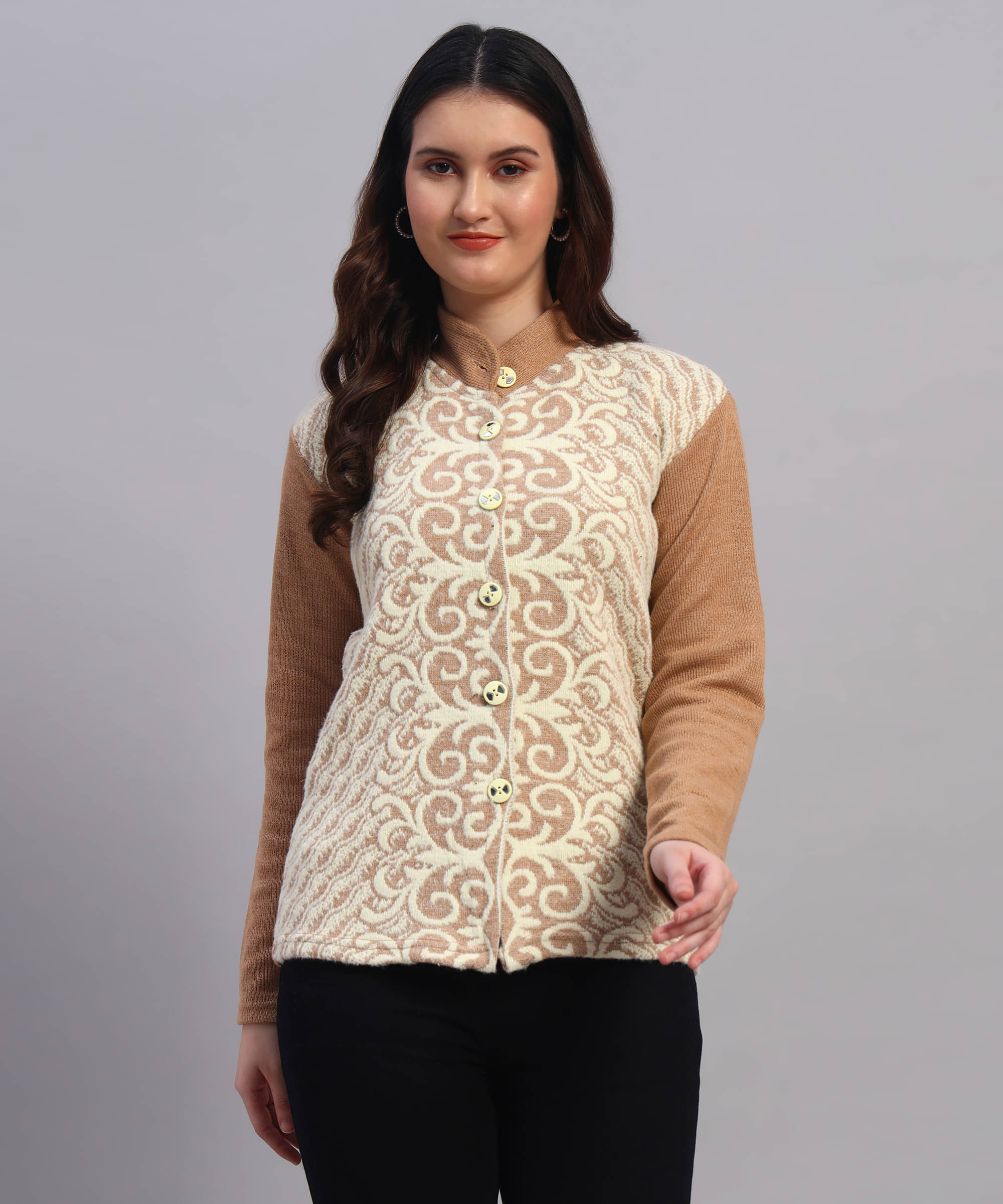     			GRAND MALBORK Women Woollen Round Neck Cardigan ( Beige )
