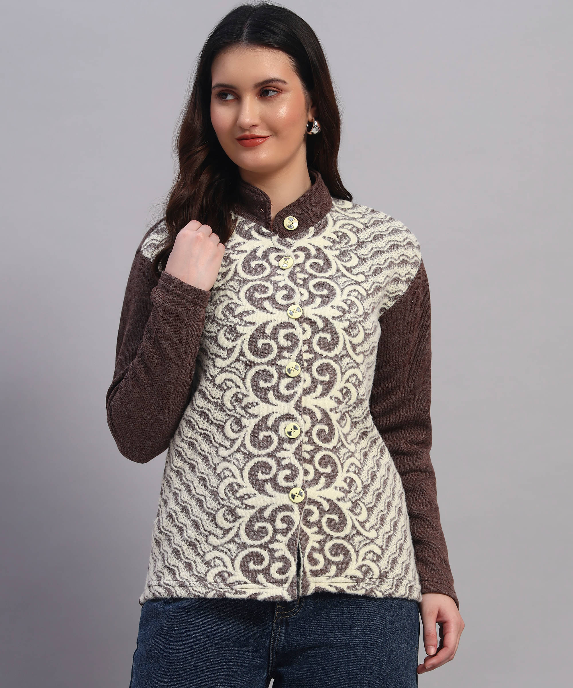     			GRAND MALBORK Women Woollen Round Neck Cardigan ( Brown )