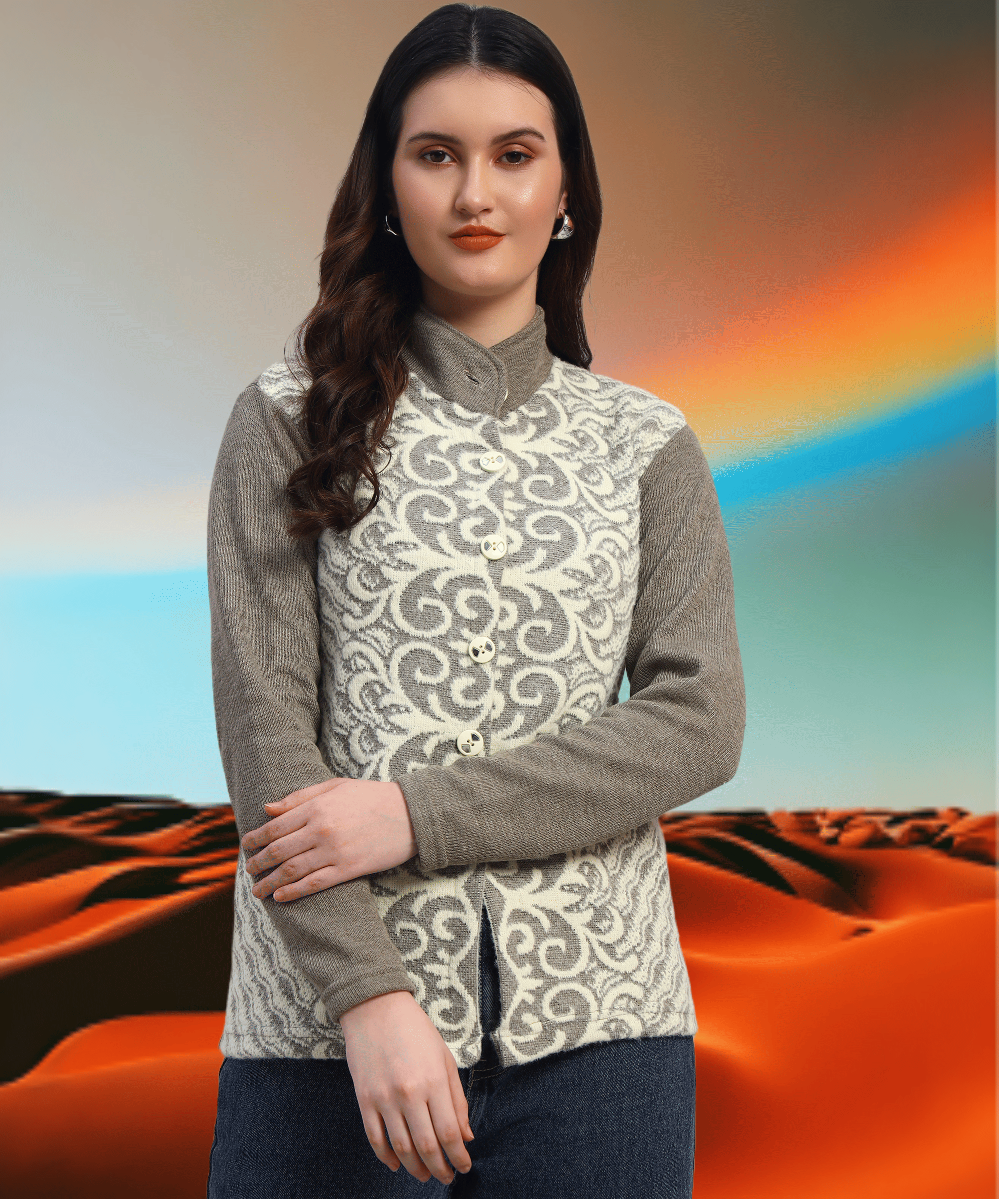     			GRAND MALBORK Women Woollen Round Neck Cardigan ( Green )