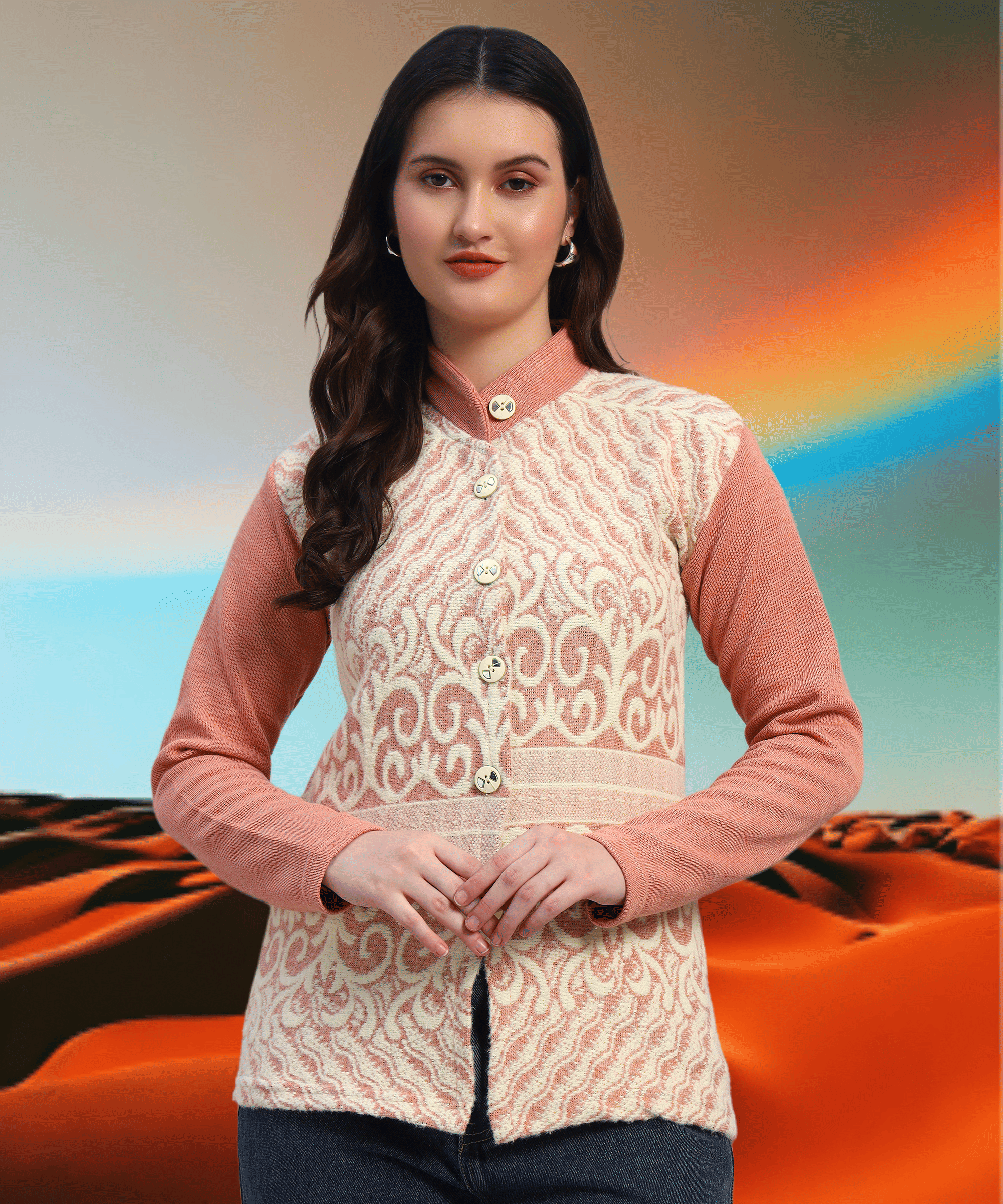     			GRAND MALBORK Women Woollen Round Neck Cardigan ( Peach )