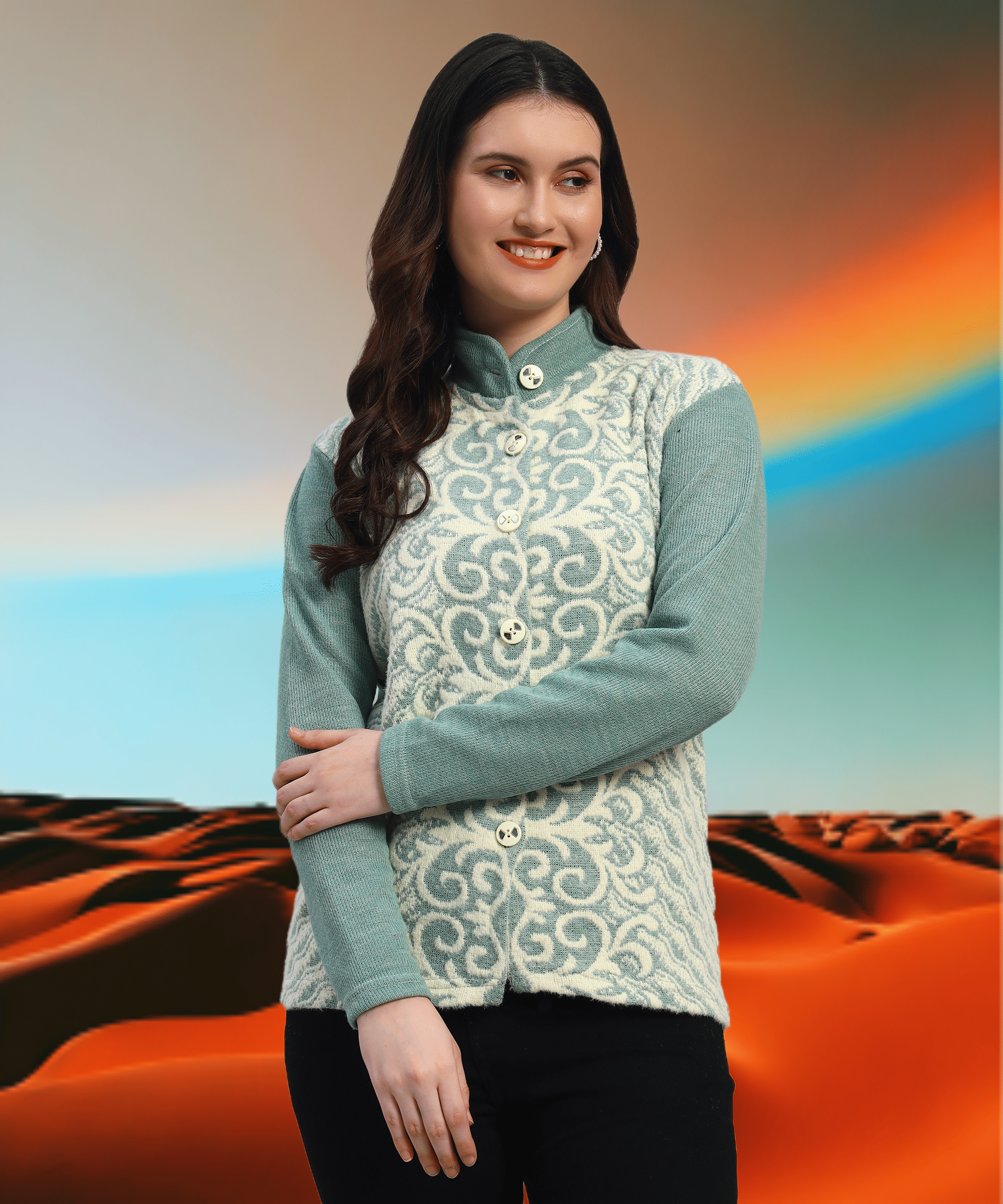     			GRAND MALBORK Women Woollen Round Neck Cardigan ( Light Green )