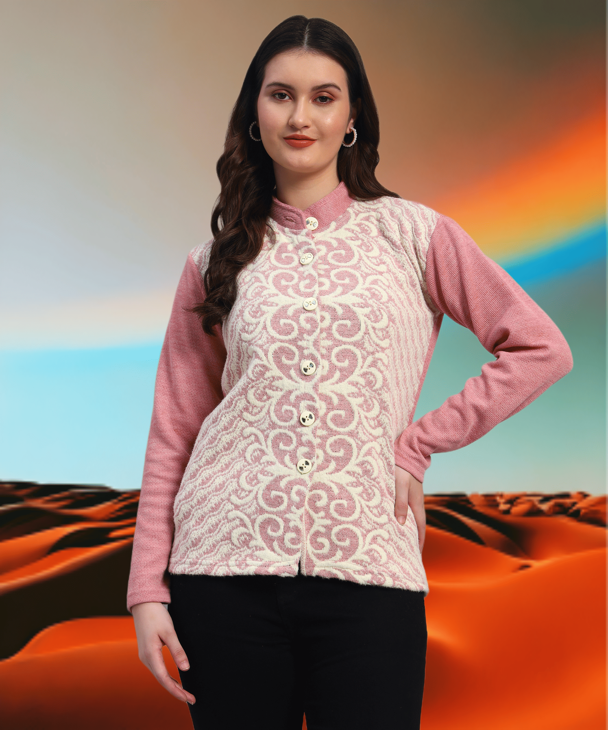     			GRAND MALBORK Women Woollen Round Neck Cardigan ( Lavender )