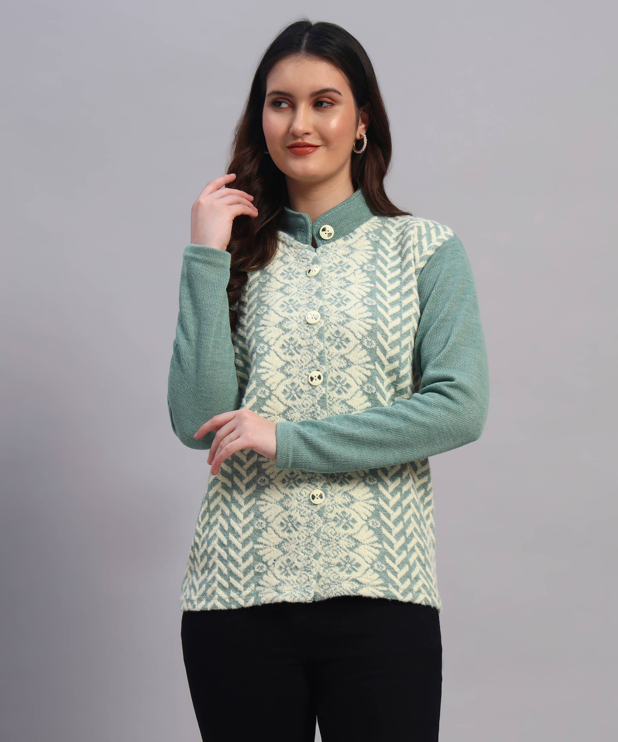     			GRAND MALBORK Women Woollen Round Neck Cardigan ( Light Green )