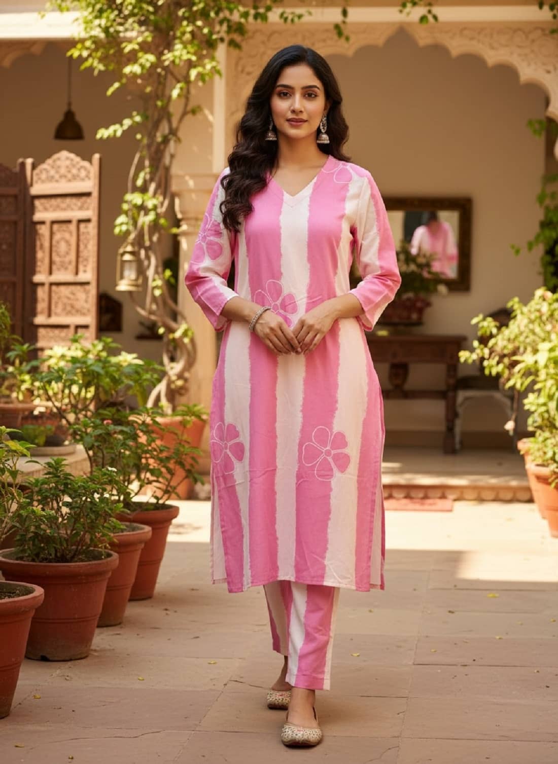 Gobya Women Rayon Printed Straight Kurti With Pants ( Pink )