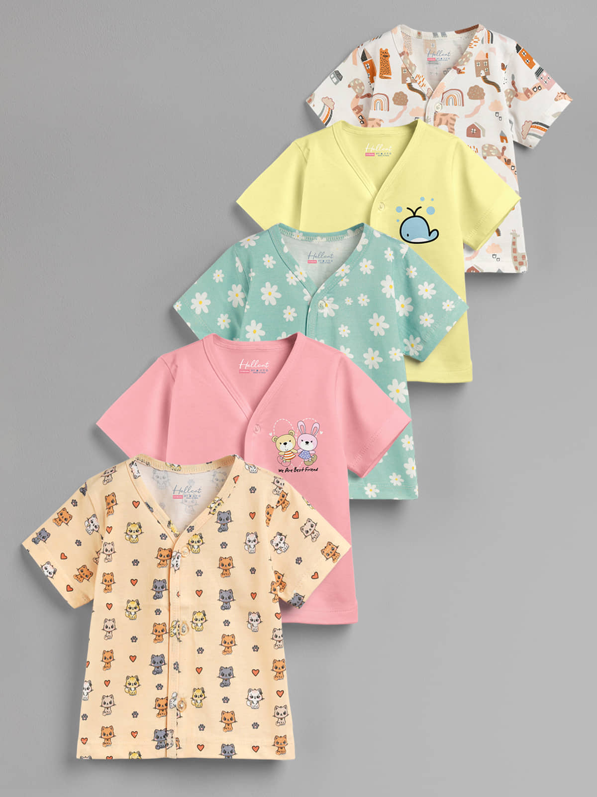 HELLCAT 100% Cotton Front Open Jhabla Vest & T Shirt for Babies - Pack of 1 (Unisex, 0-18 Months, Short Sleeve)_Yellow_Pink_Sea Green_Yellow_Brown_6-12 Month