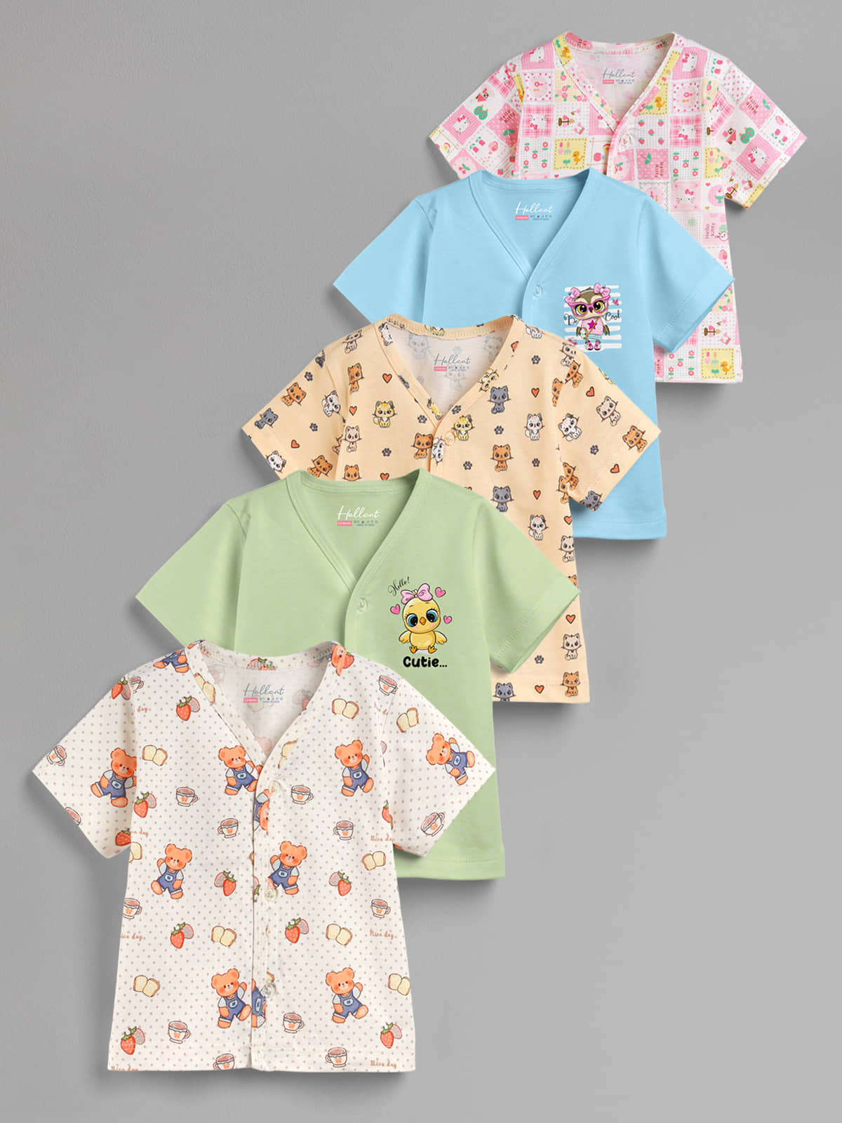 HELLCAT 100% Cotton Front Open Jhabla Vest & T Shirt for Babies - Pack of 1 (Unisex, 0-18 Months, Short Sleeve)_Cream_Peach_Sea Green_Yellow_Pink_0-6 Month