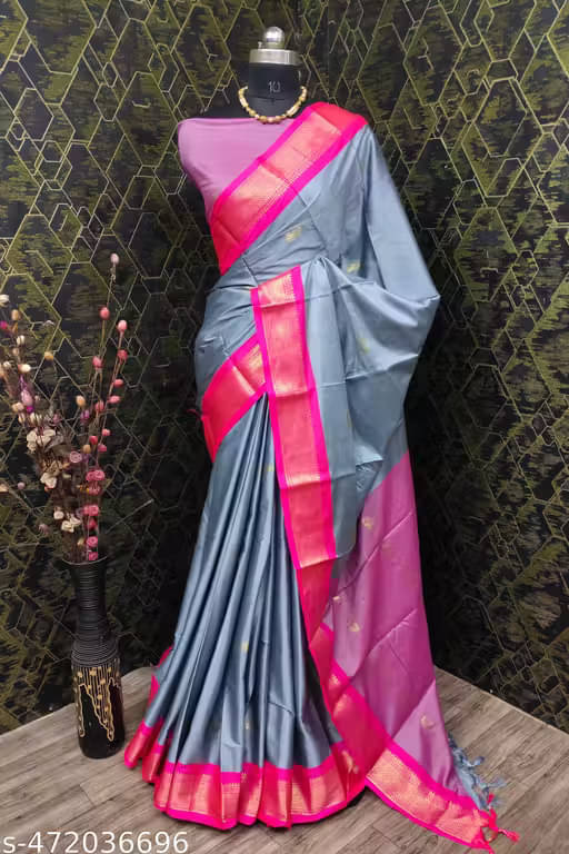     			LAXMI SILK MILLS Cotton Silk Woven Design Paithani Sarees With Unstitched Blouse Piece ( Grey )