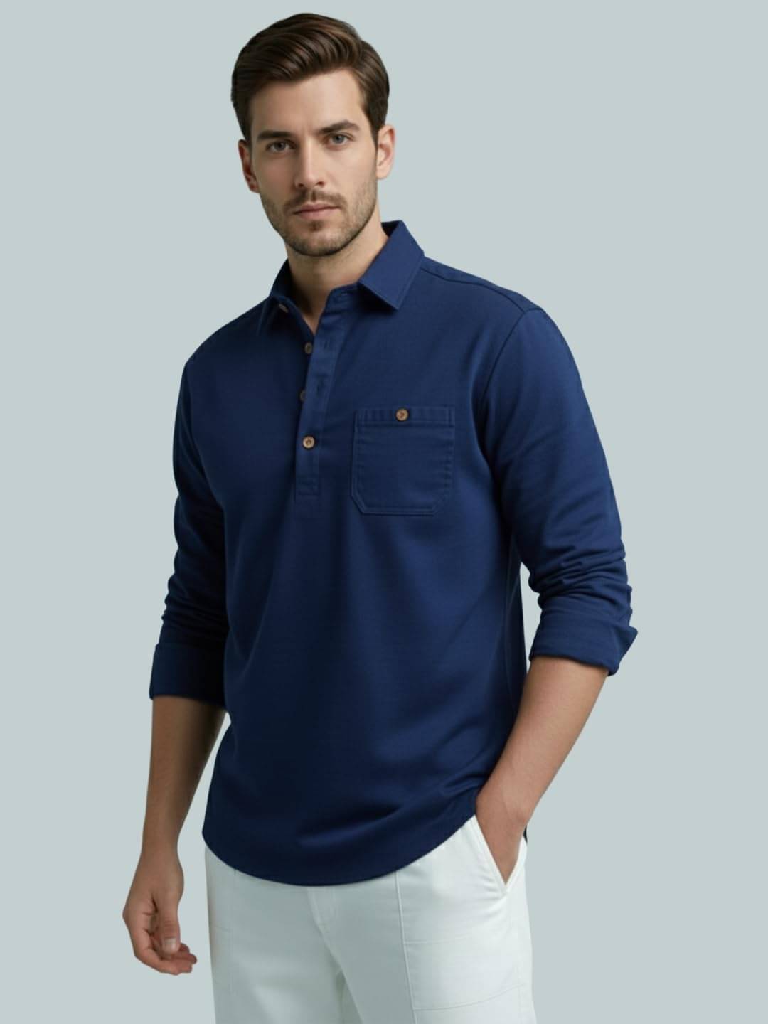     			LENIA Navy Blue Cotton Blend Men's Shirt Style Kurta ( Pack of 1 )