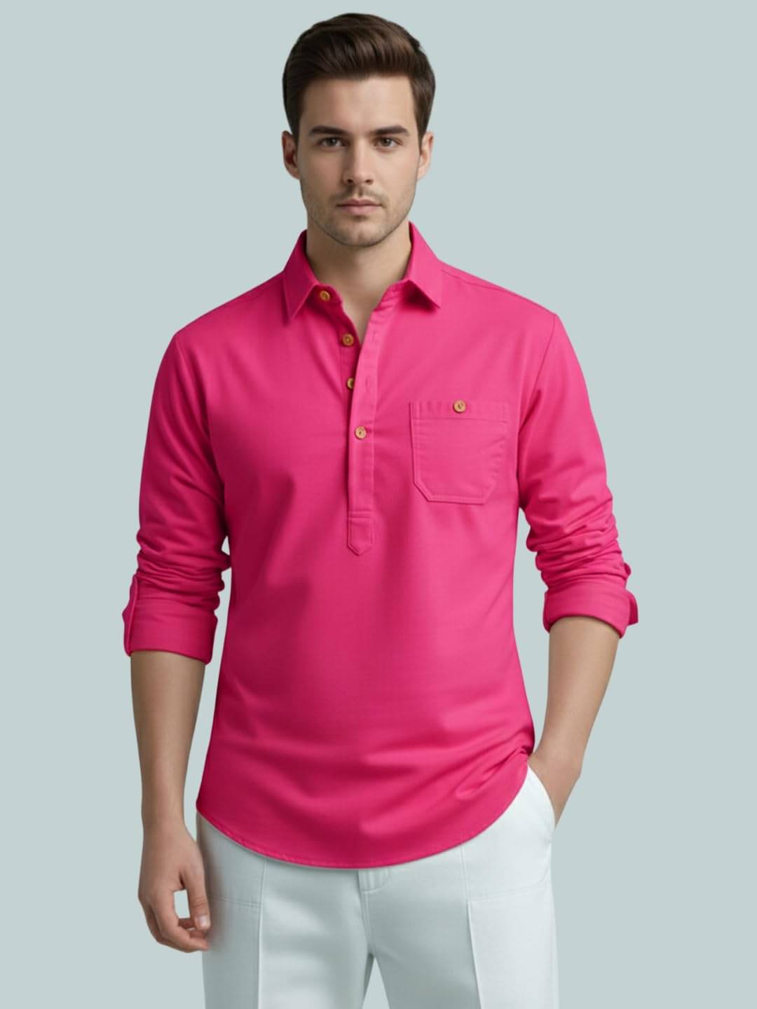     			LENIA Pink Cotton Blend Men's Shirt Style Kurta ( Pack of 1 )
