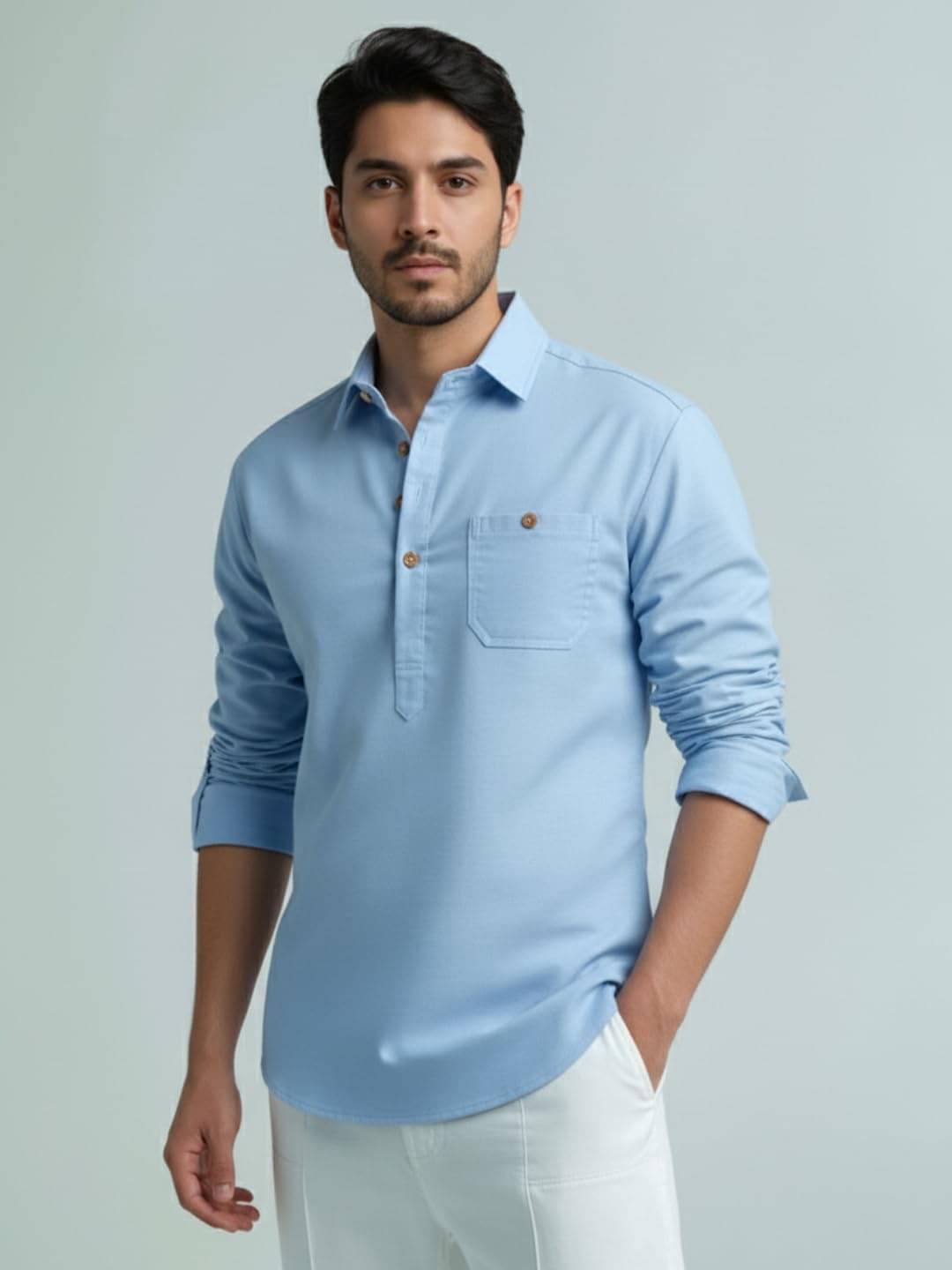 LENIA Sky Blue Cotton Blend Men's Shirt Style Kurta ( Pack of 1 ) LENIA Sky Blue Cotton Blend Men's Shirt Style Kurta ( Pack of 1 )