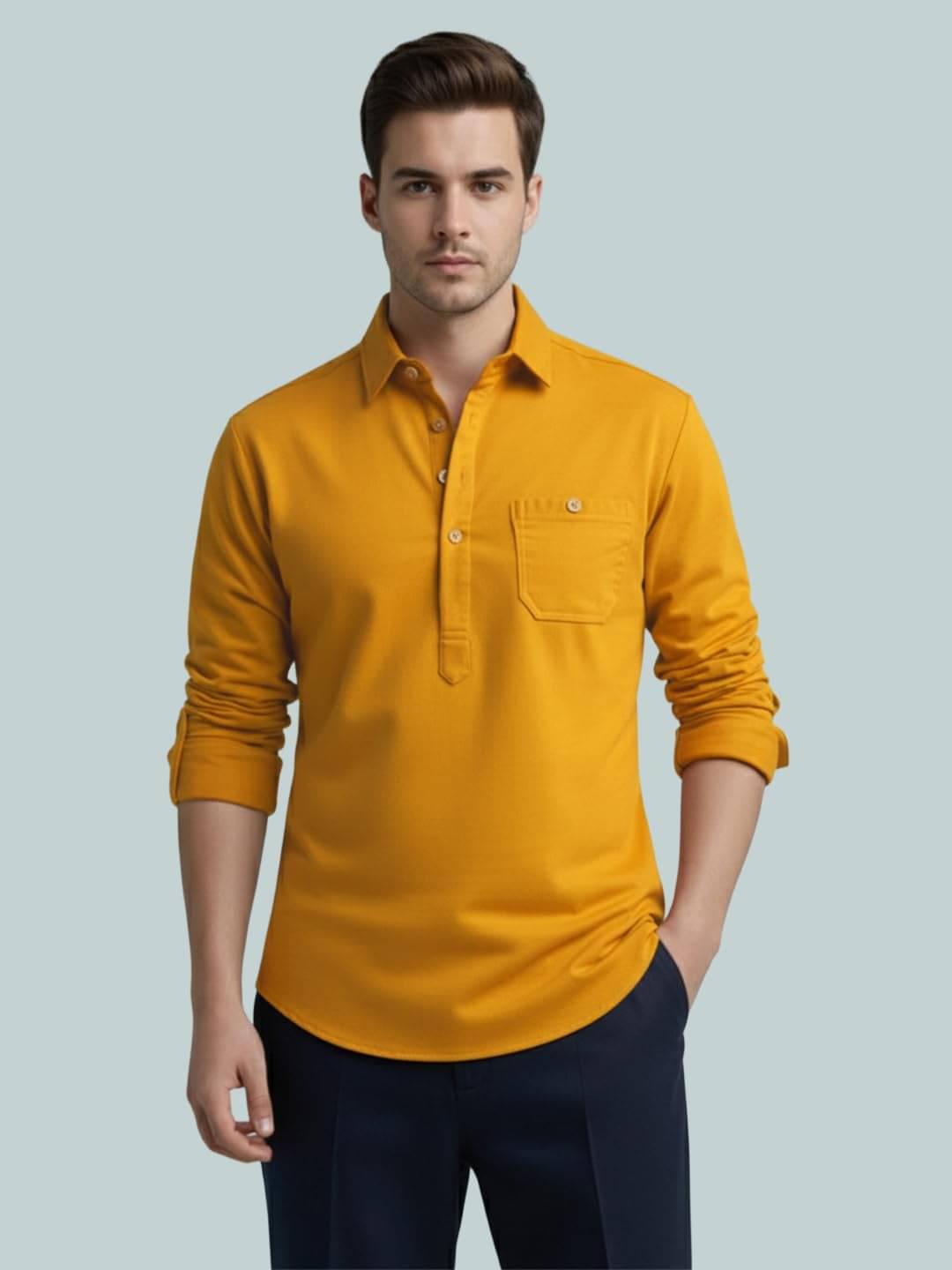 LENIA Yellow Cotton Blend Men's Shirt Style Kurta ( Pack of 1 ) LENIA Yellow Cotton Blend Men's Shirt Style Kurta ( Pack of 1 )