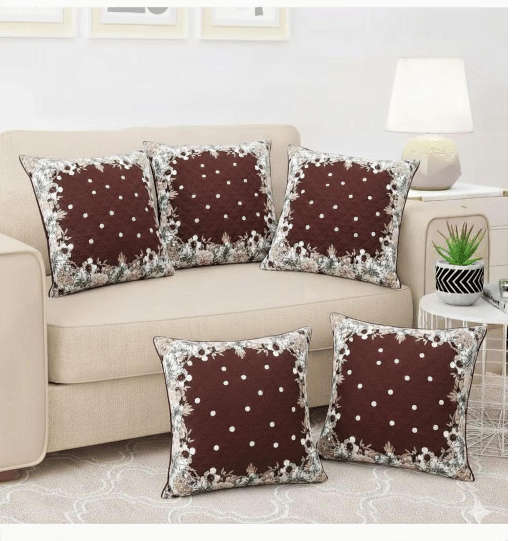     			MV Set of 5 Cotton Floral Square Cushion Cover (40X40)cm - Brown