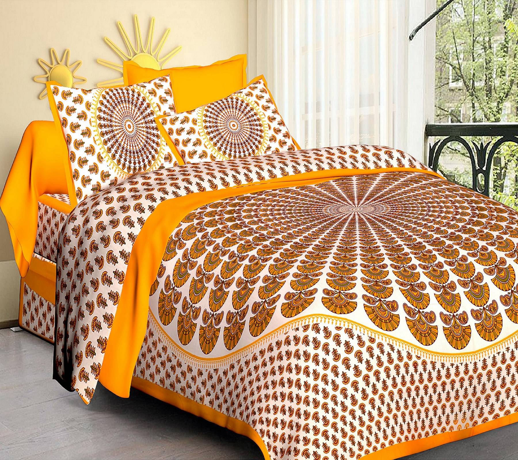     			Pure Loom Yellow Cotton 1 Double Queen Bedsheet with 2 Pillow Covers ( , 240 cm x 215 cm )