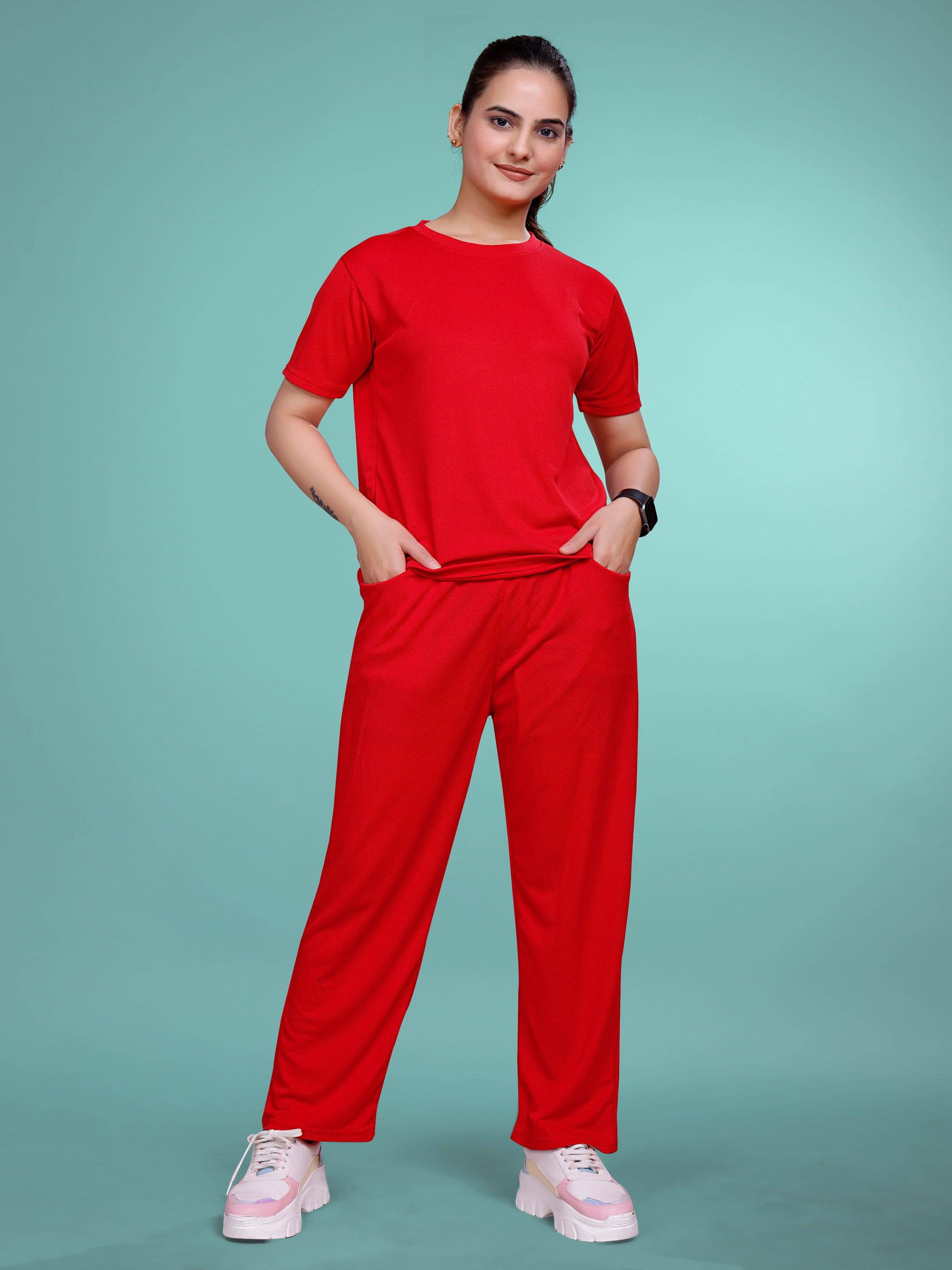     			SAKARMAA Women T-Shirt With Trousers Co-Ord Set ( Red )