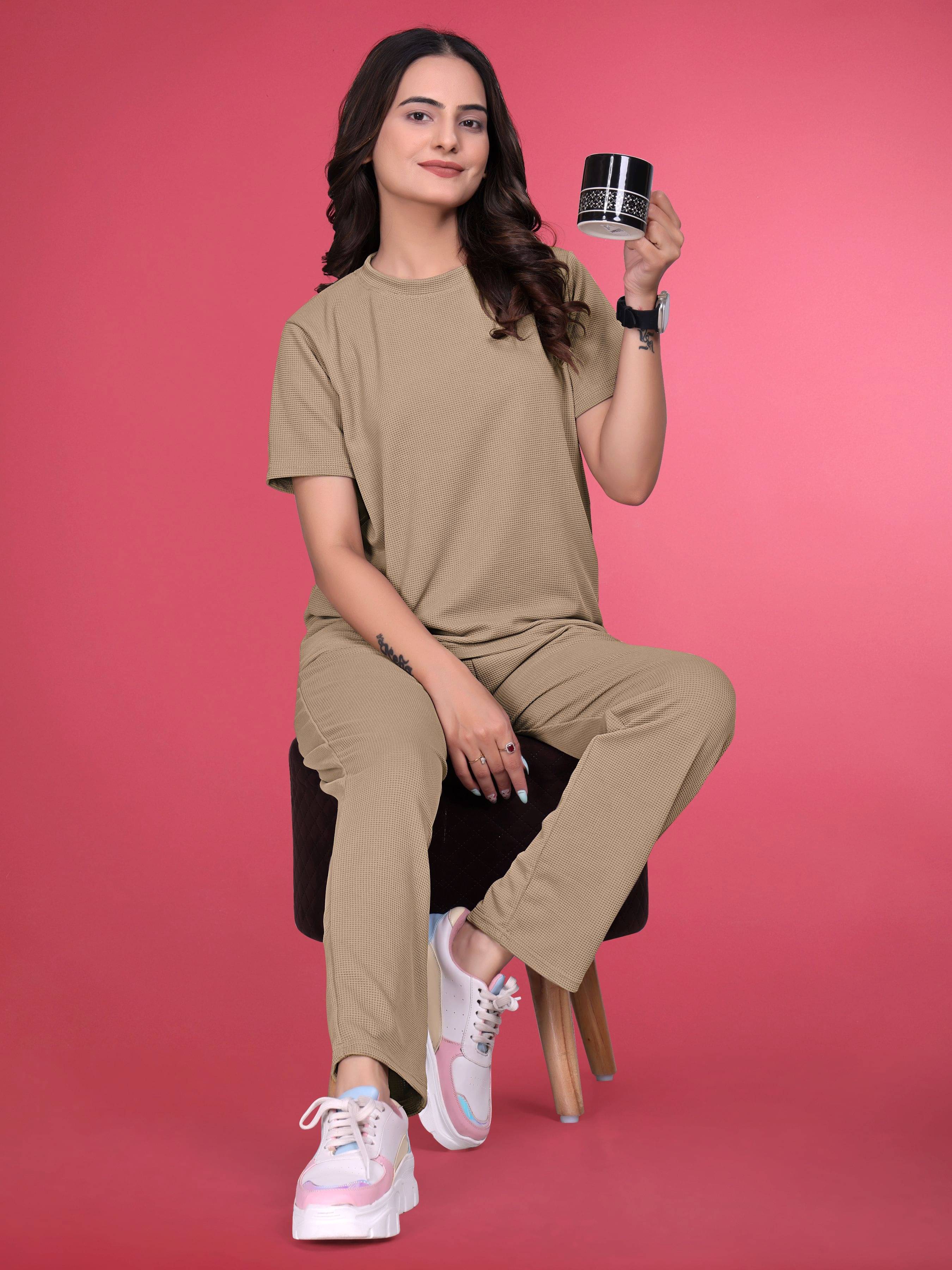     			SAKARMAA Women T-Shirt With Trousers Co-Ord Set ( Brown )