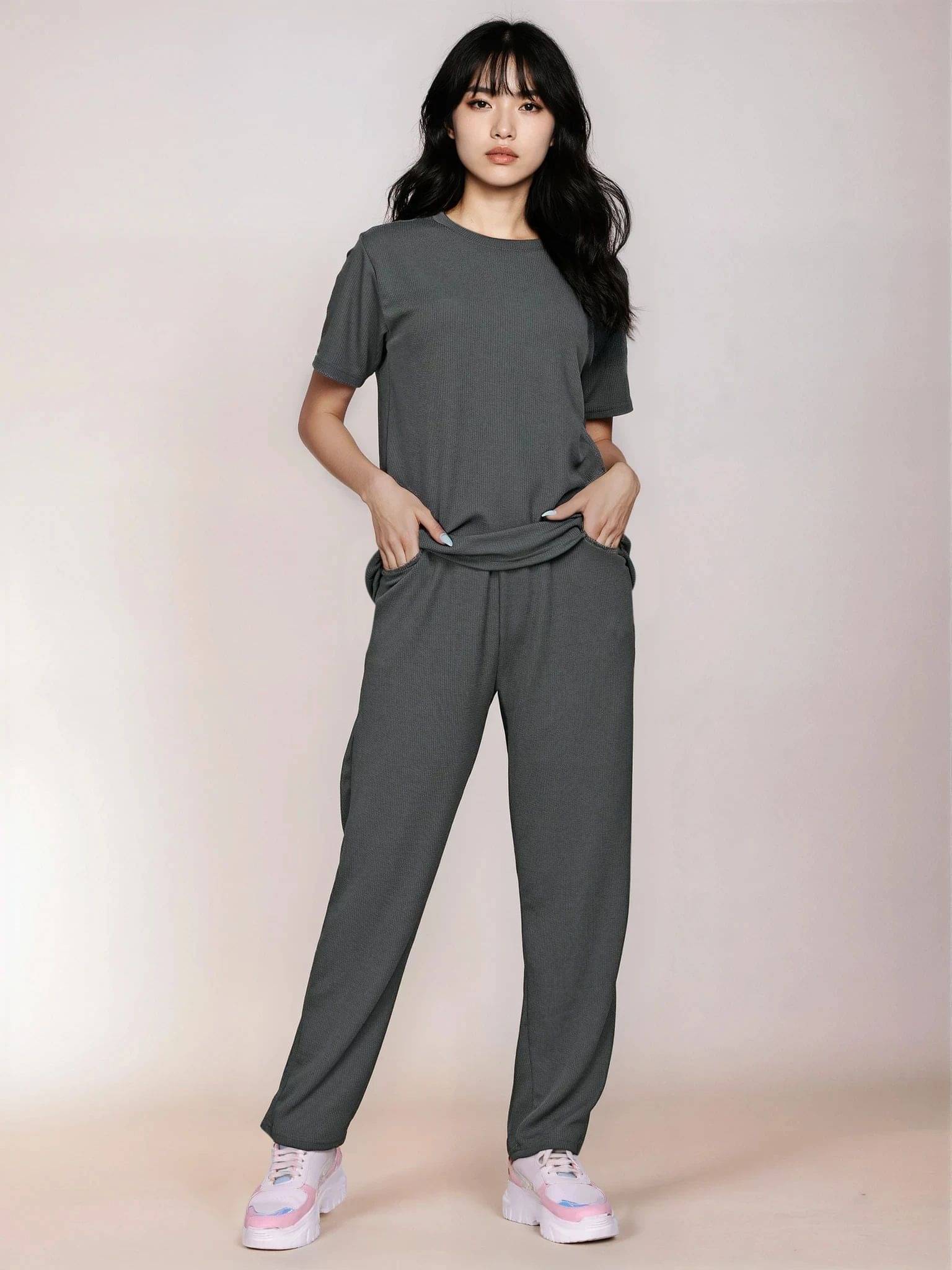    			SAKARMAA Women T-Shirt With Trousers Co-Ord Set ( Grey )