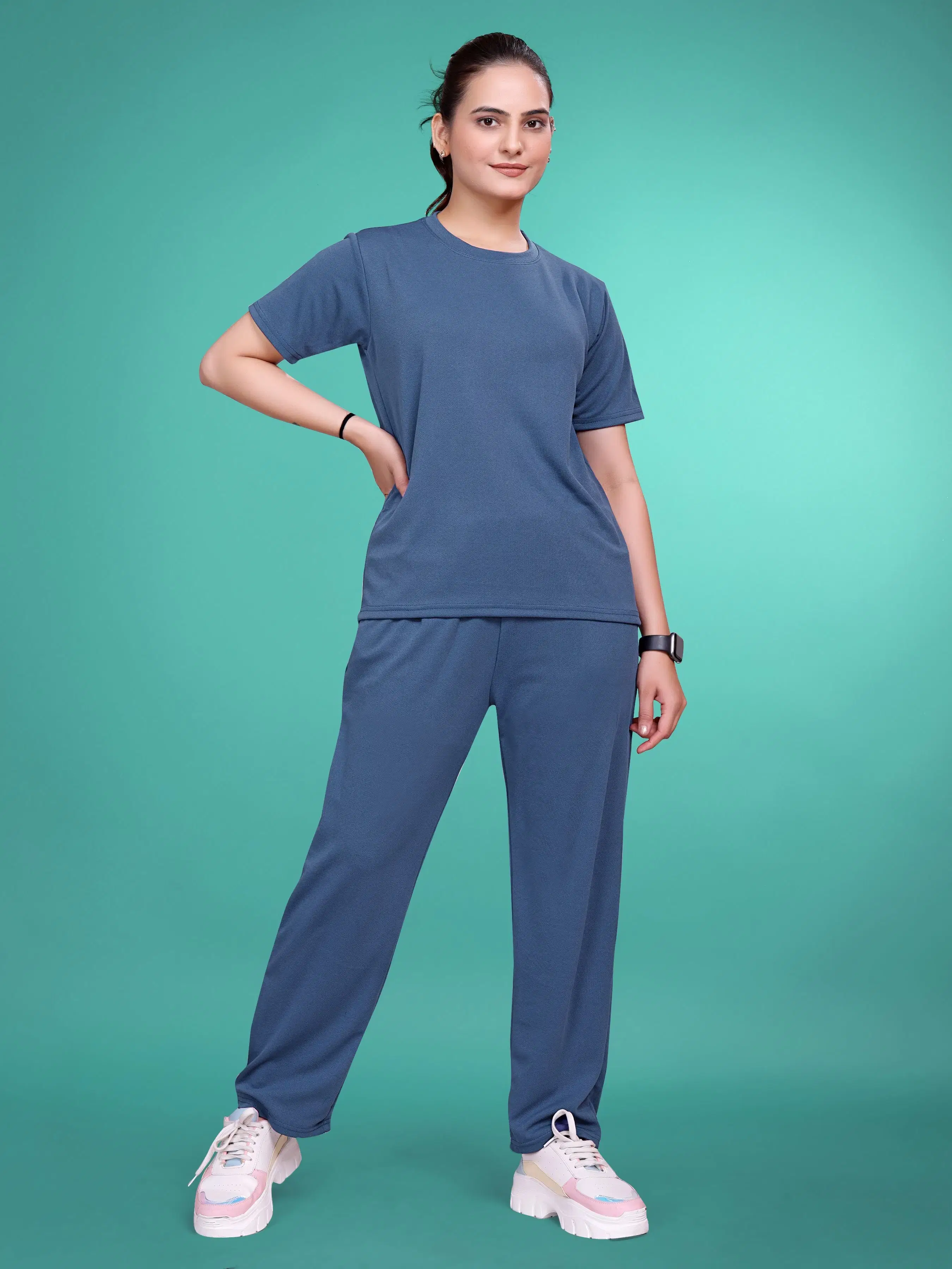     			SAKARMAA Women T-Shirt With Trousers Co-Ord Set ( Blue )