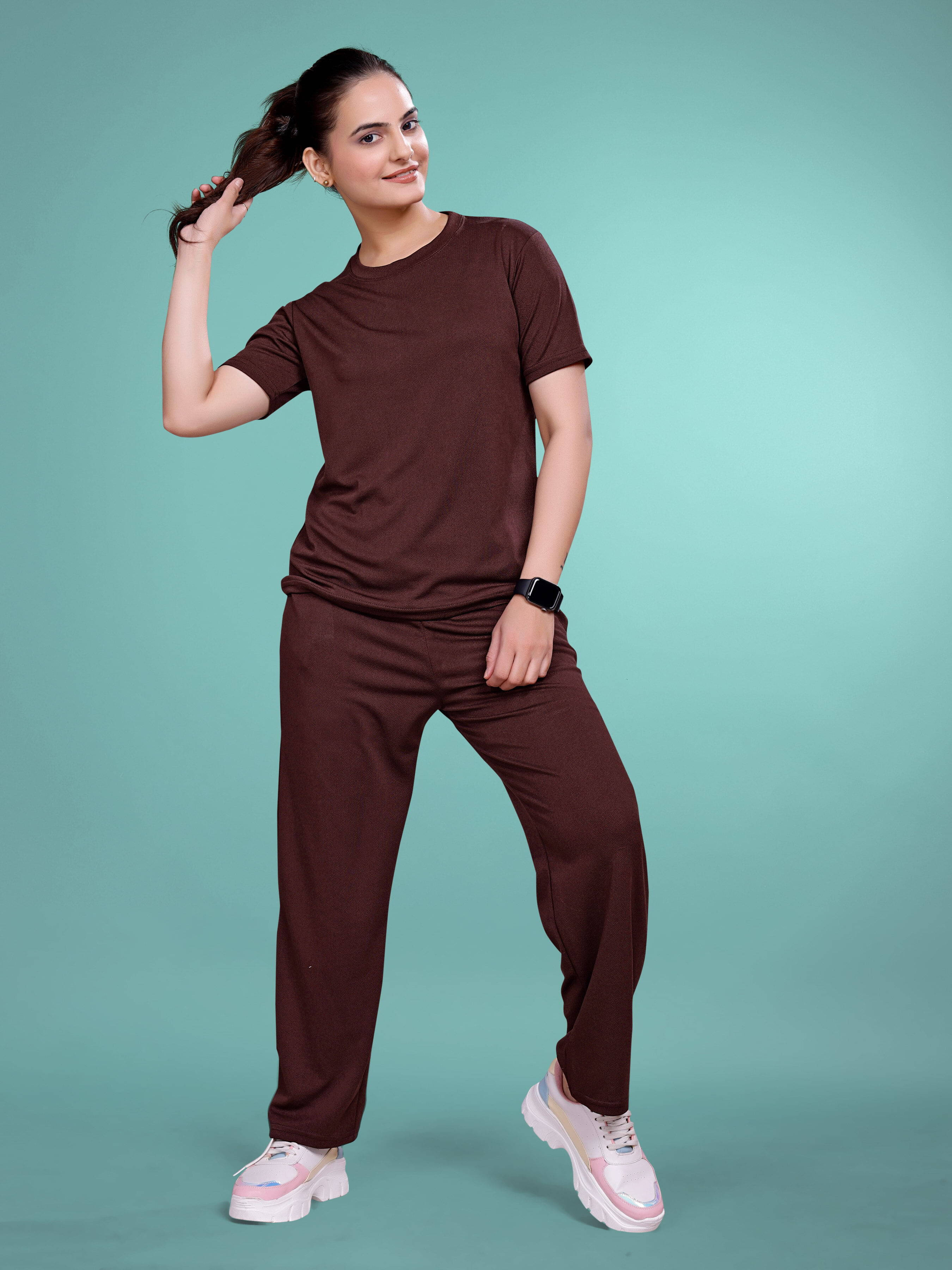     			SAKARMAA Women T-Shirt With Trousers Co-Ord Set ( Brown )