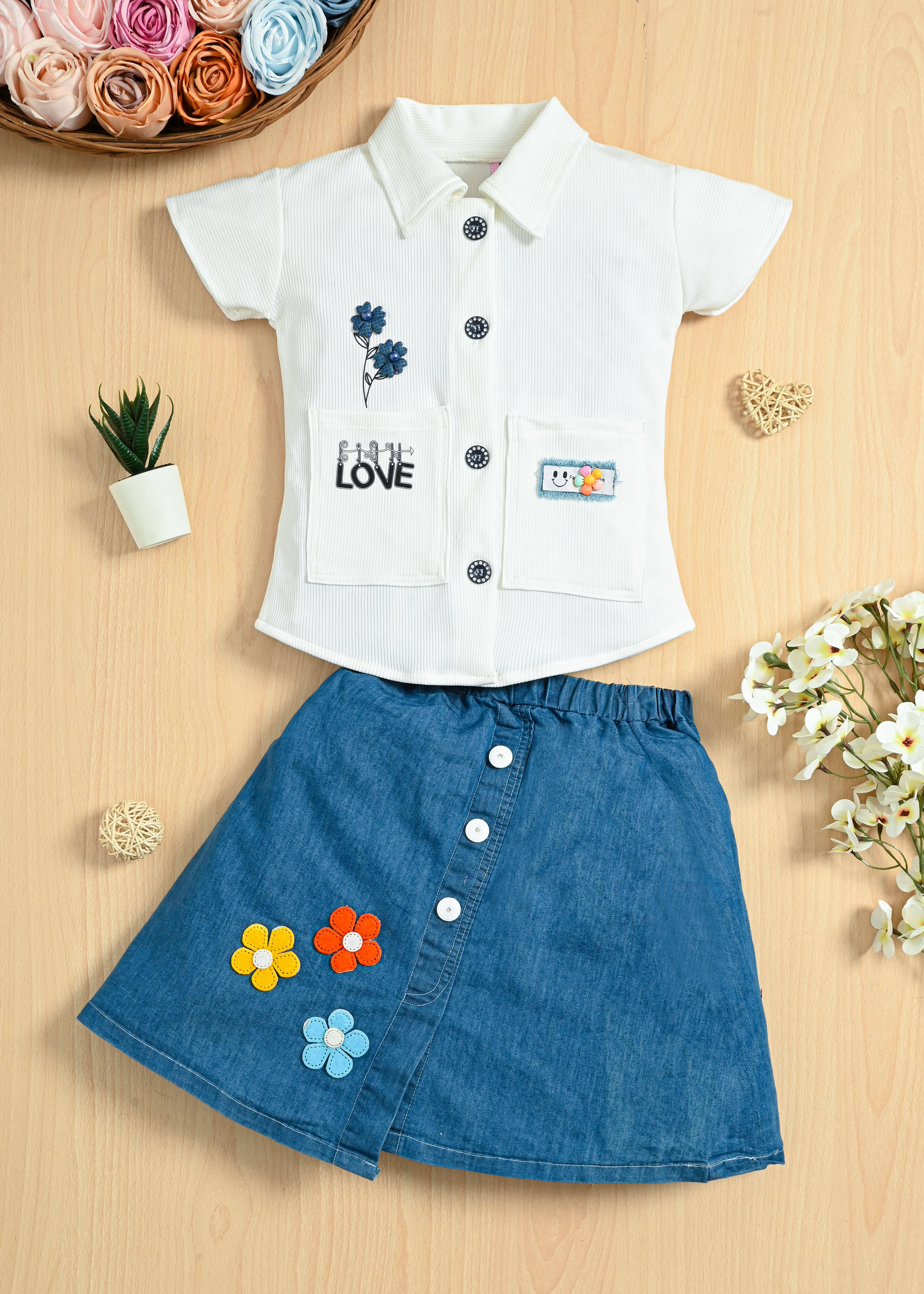     			TAILORWOMEN Pack of 1 Girls Denim T-shirt & Skirt ( White )