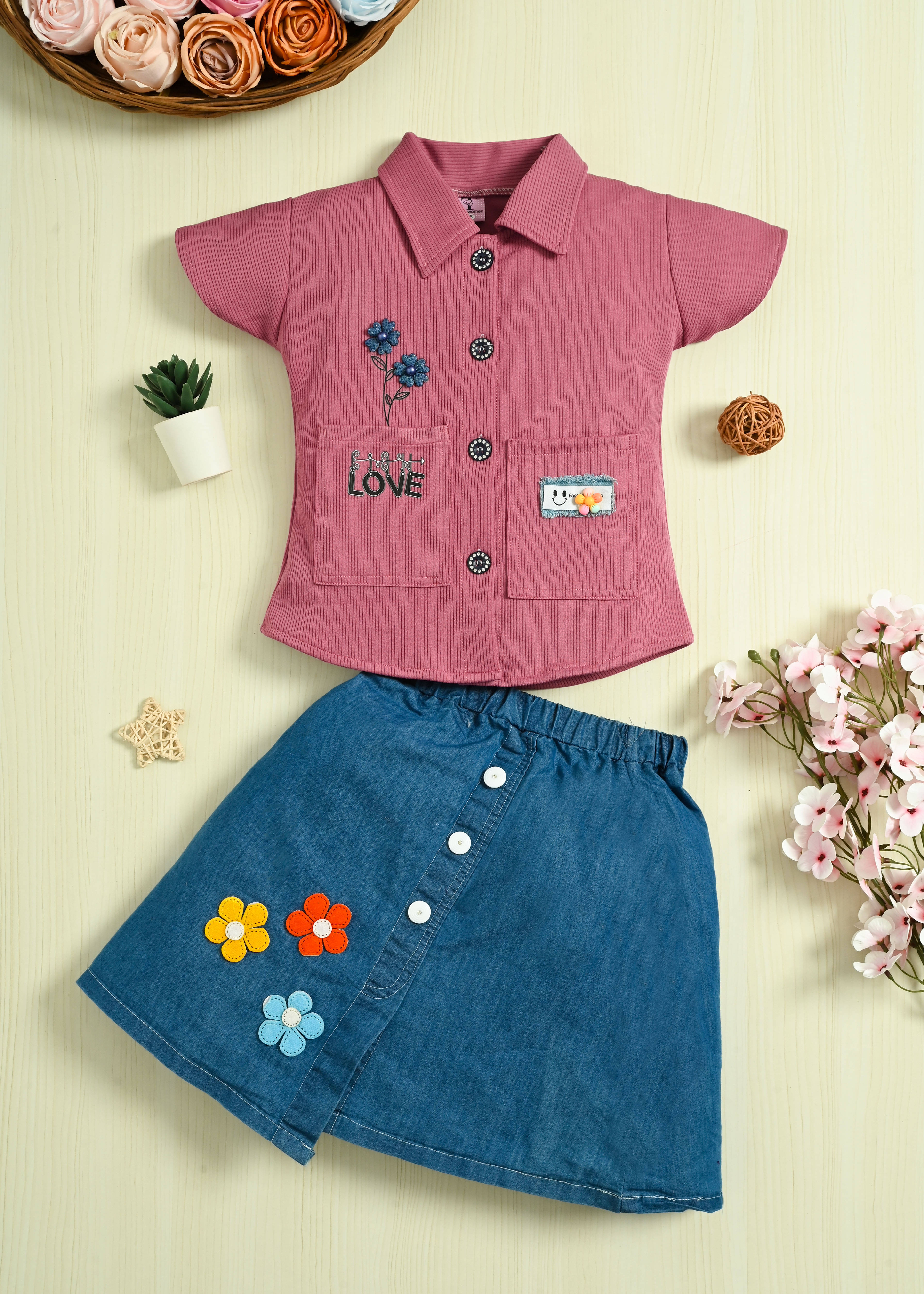     			TAILORWOMEN Pack of 1 Girls Denim T-shirt & Skirt ( Pink )