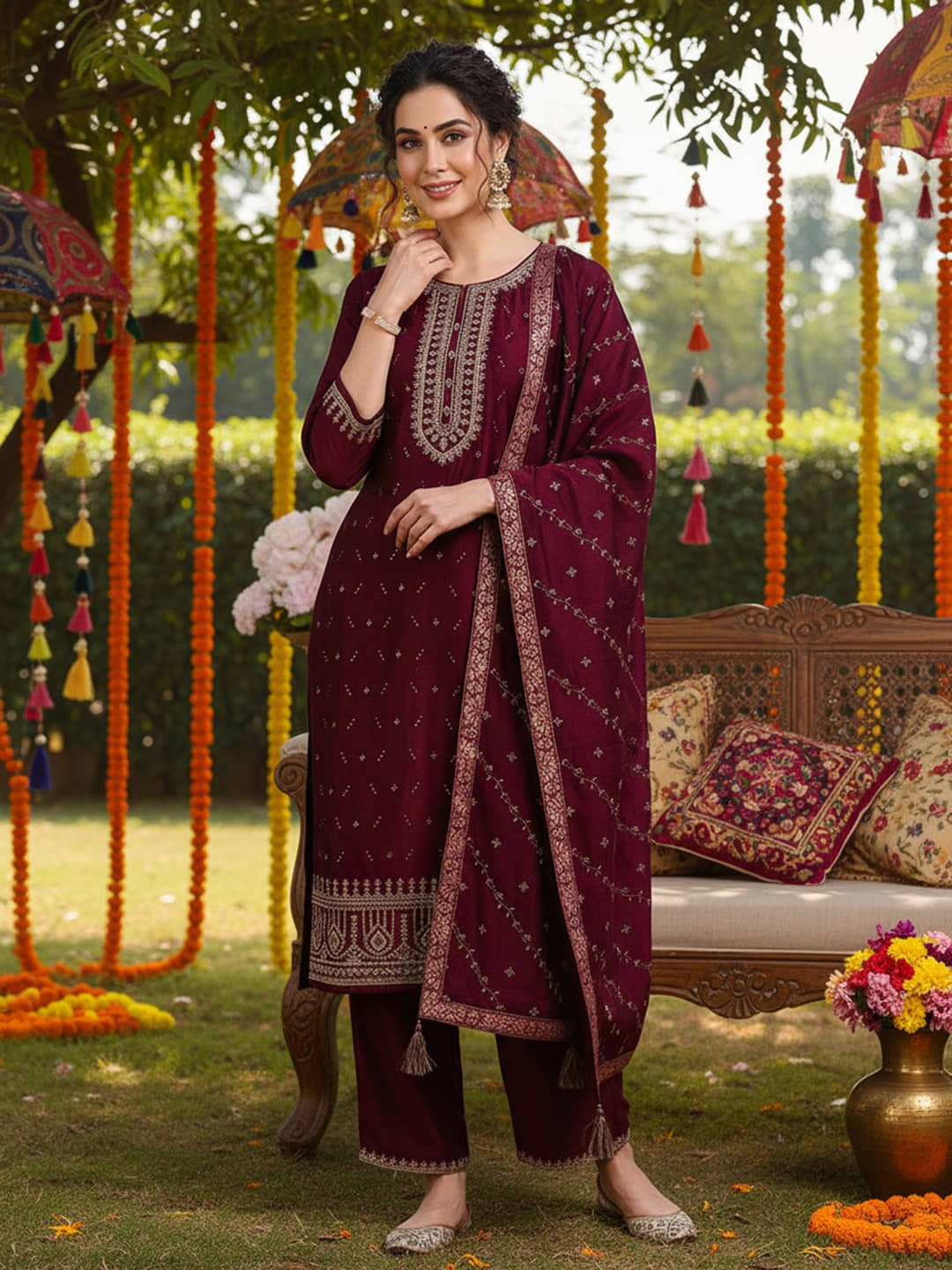 Vaamsi Women Silk Blend Embroidered Straight Kurti With Palazzo ( Burgundy )