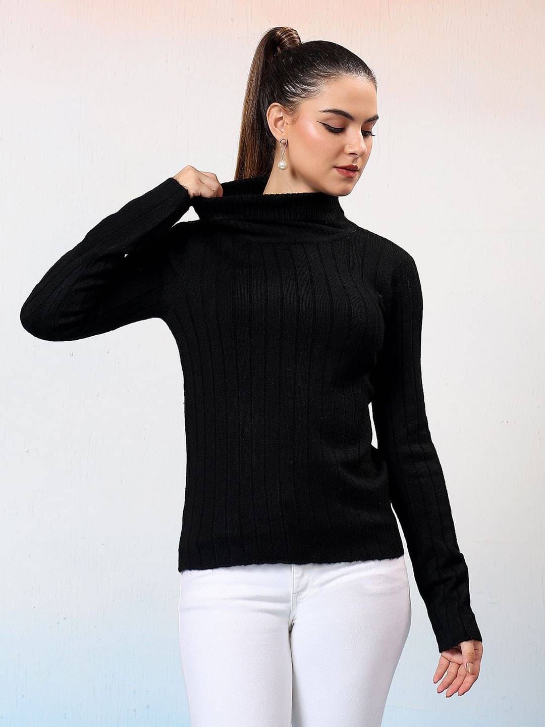     			kotty Women Cotton Blend High Neck Pullover ( Black )