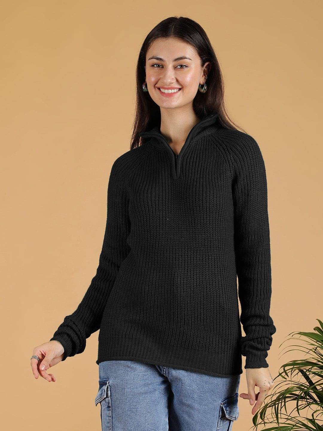 kotty Women Cotton Blend High Neck Pullover ( Black ) kotty Women Cotton Blend High Neck Pullover ( Black )
