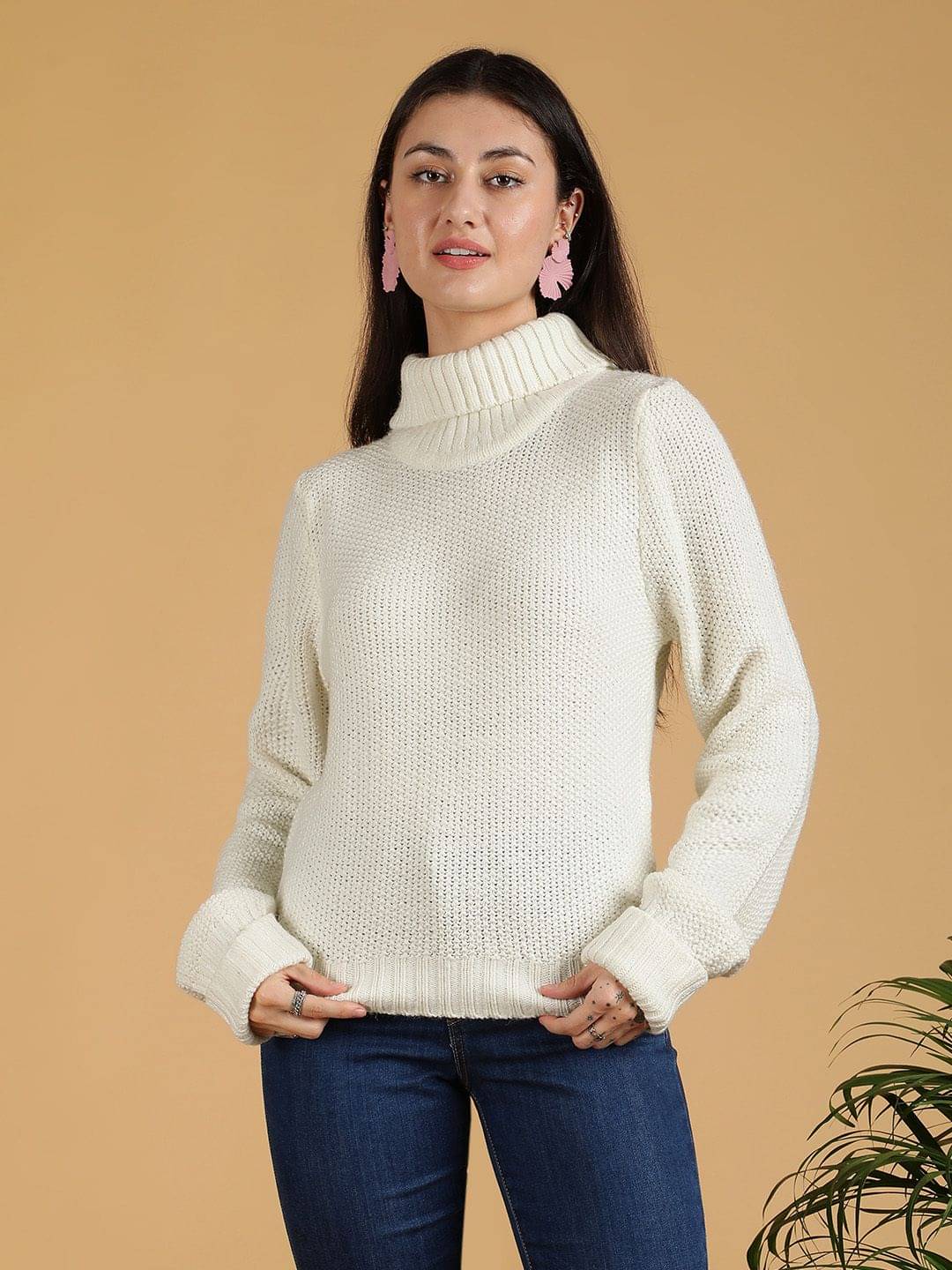 kotty Women Cotton Blend High Neck Pullover ( White ) kotty Women Cotton Blend High Neck Pullover ( White )