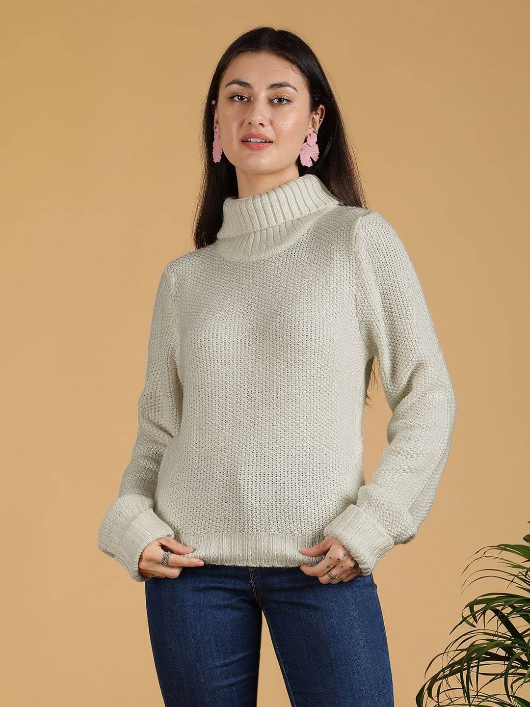 kotty Women Cotton Blend High Neck Pullover ( Beige ) kotty Women Cotton Blend High Neck Pullover ( Beige )