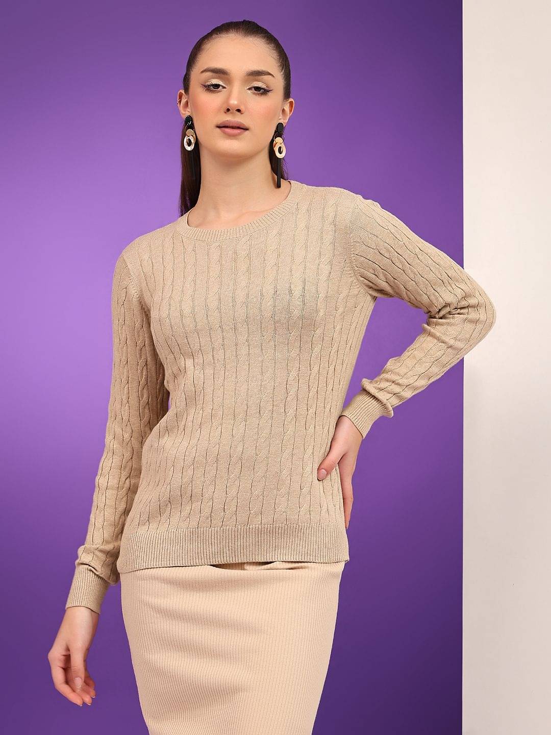     			kotty Women Cotton Blend Round Neck Sweater Vest ( Beige )