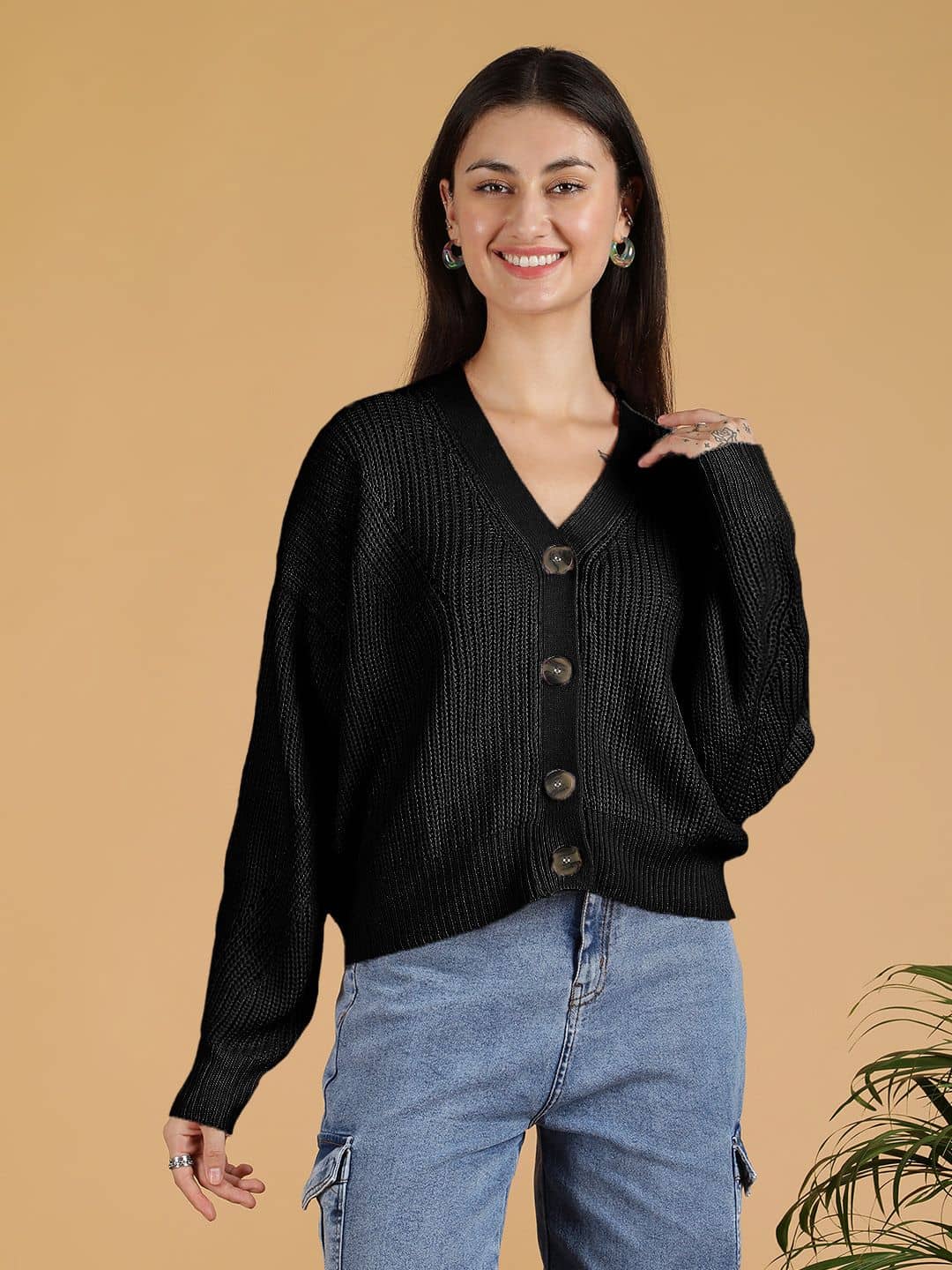kotty Women Cotton Blend V-Neck Cardigan ( Black )