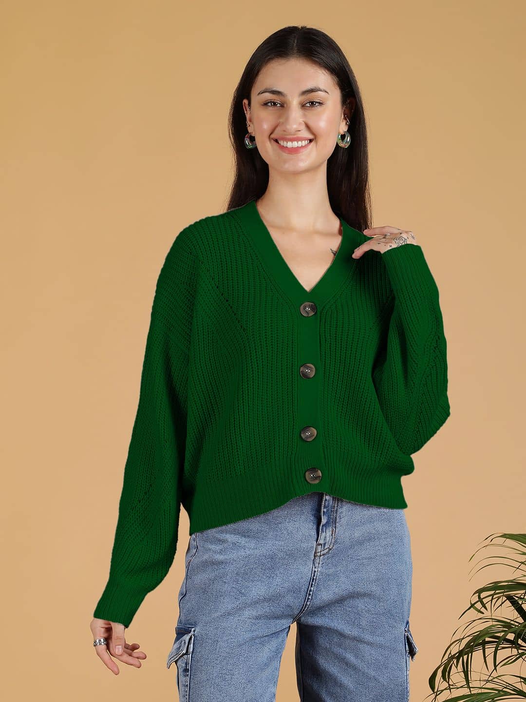 kotty Women Cotton Blend V-Neck Pullover ( Green )