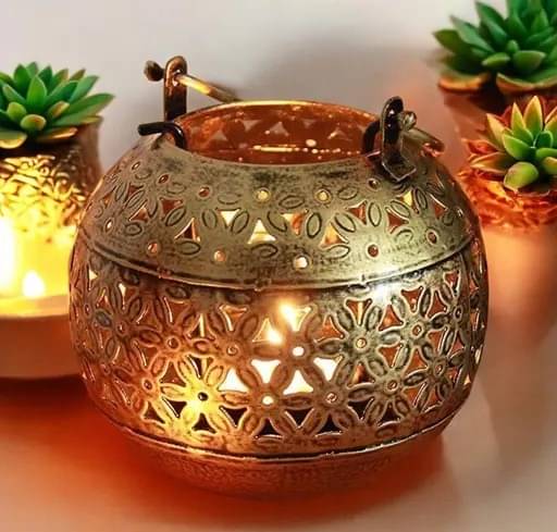     			BALAJI INC. Metal Handi Flower cutting Round Tea Light Candle Holder Vintage Iron, Traditional Aromatherapy Diffuser for Home Decor And Wall Hanging Brass Urli Decorative Traditional Diffuser Aromatherapy Ornate