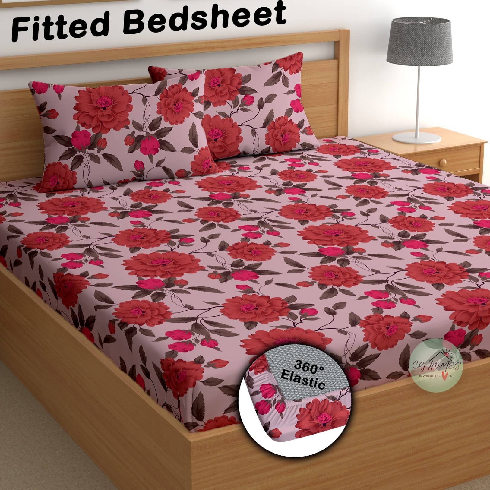 CG HOMES Cotton 1 Double Fitted Bedsheet with 2 Pillow Covers ( 220 cm x 220 cm ) , Pink