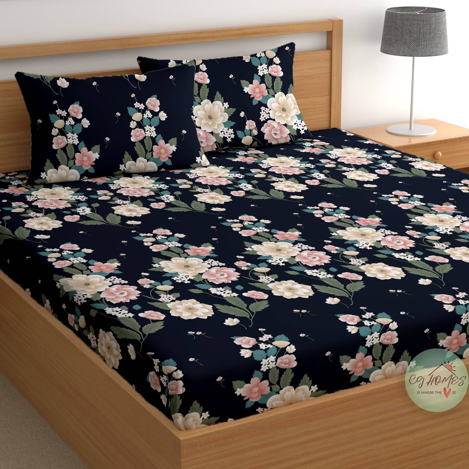     			CG HOMES Navy Blue Cotton 1 Double Bedsheet with 2 Pillow Covers ( , 220 cm x 220 cm )