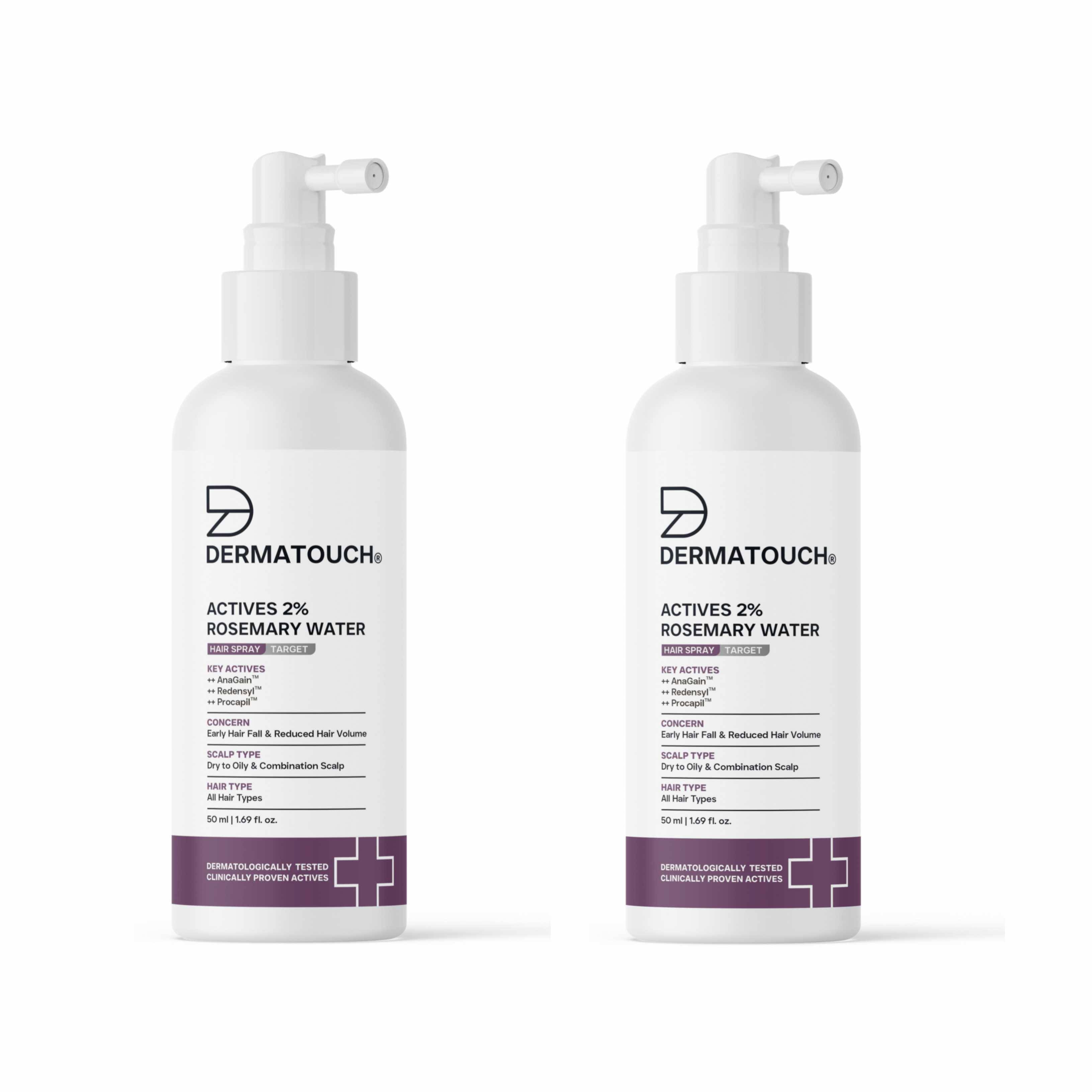 Dermatouch Actives 2% Rosemary Water Hair Spray, 50ml each (Pack Of 2) Dermatouch Actives 2% Rosemary Water Hair Spray, 50ml each (Pack Of 2)