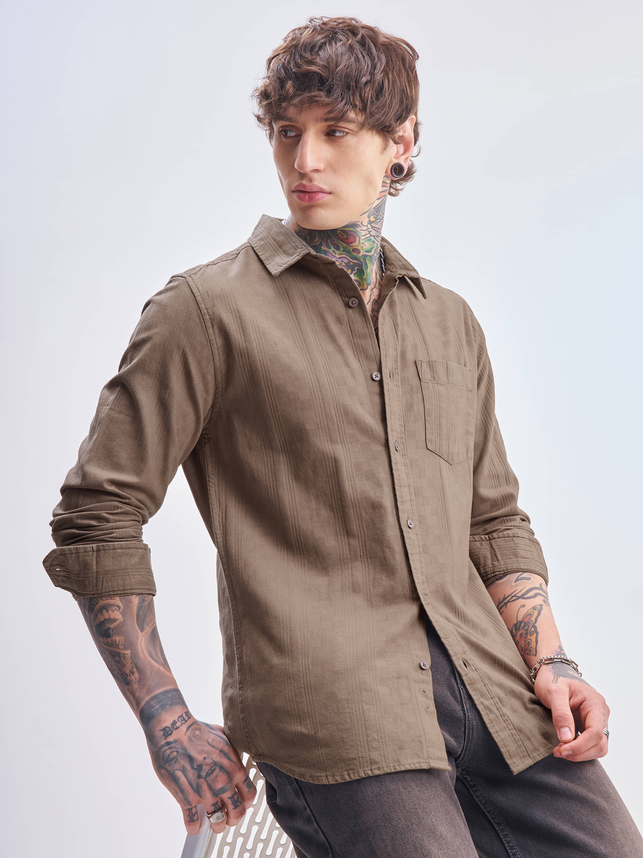 Highlander 100% Cotton Slim Fit Self Design Full Sleeves Men's Casual Shirt - Tan ( Pack of 1 )