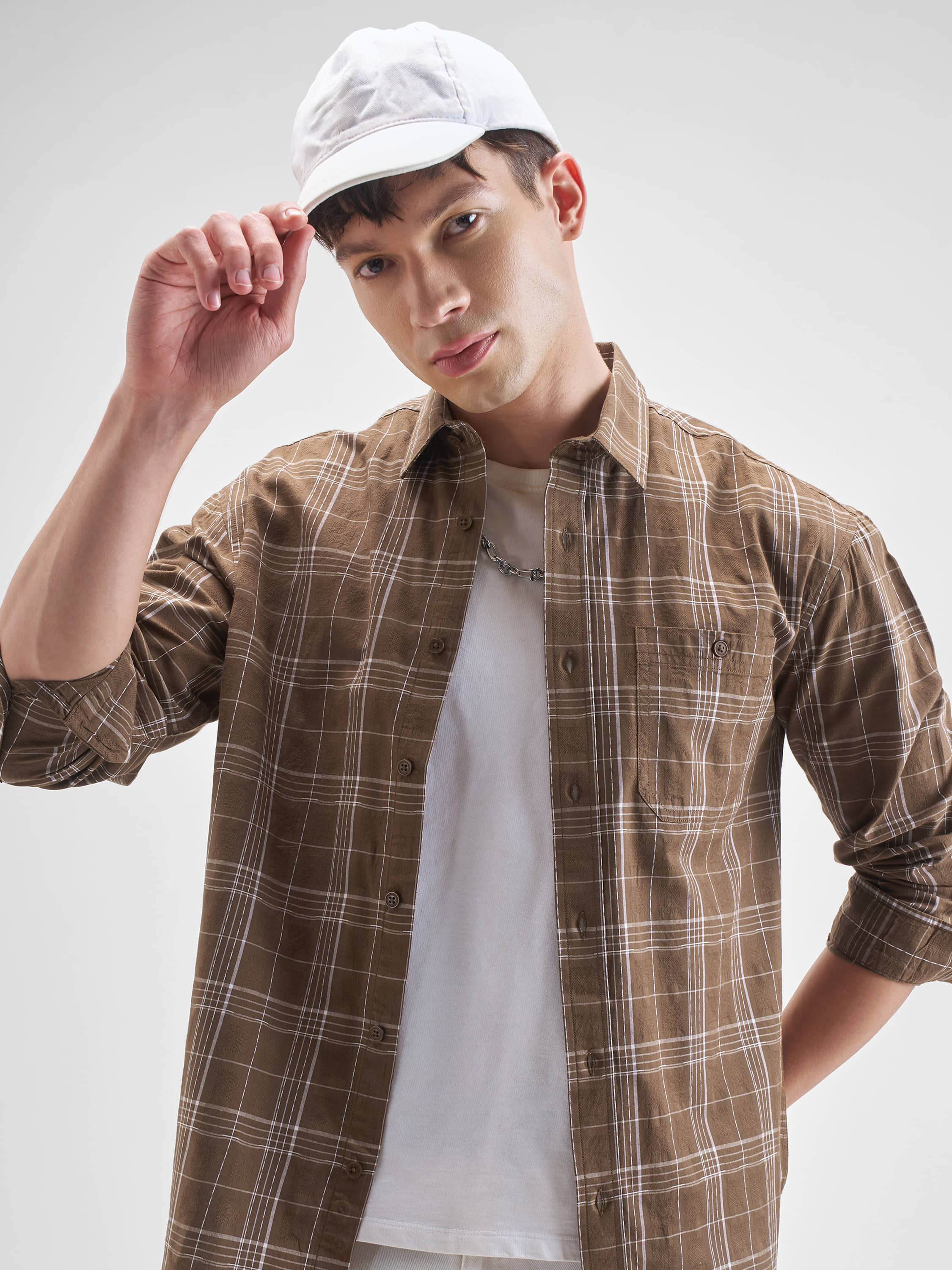 Highlander Cotton Blend Relaxed Fit Checks Full Sleeves Men's Casual Shirt - Brown ( Pack of 1 )