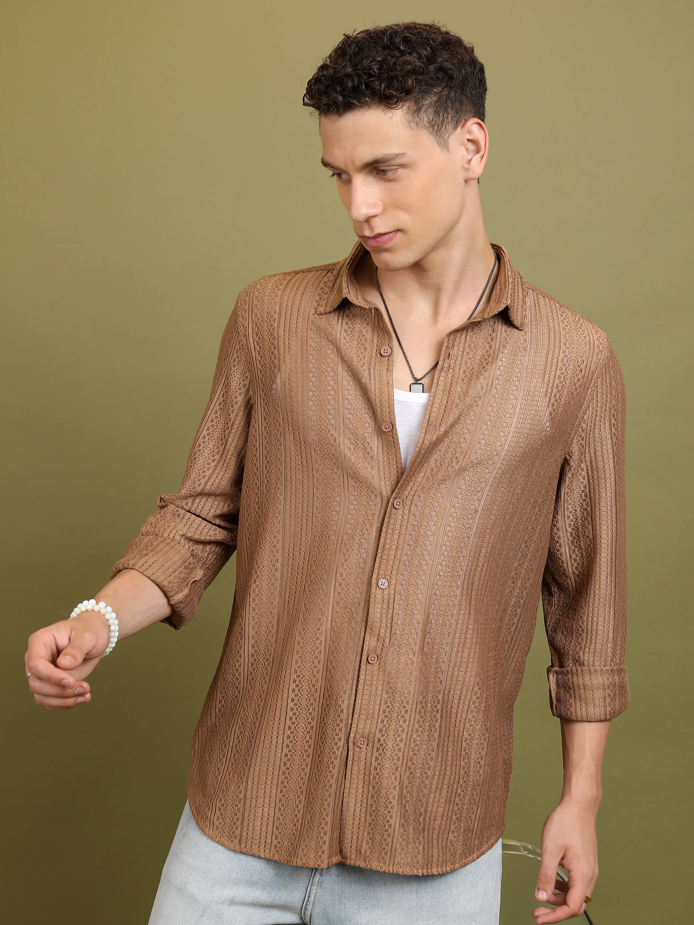     			Highlander Polyester Oversized Fit Self Design Full Sleeves Men's Casual Shirt - Beige ( Pack of 1 )