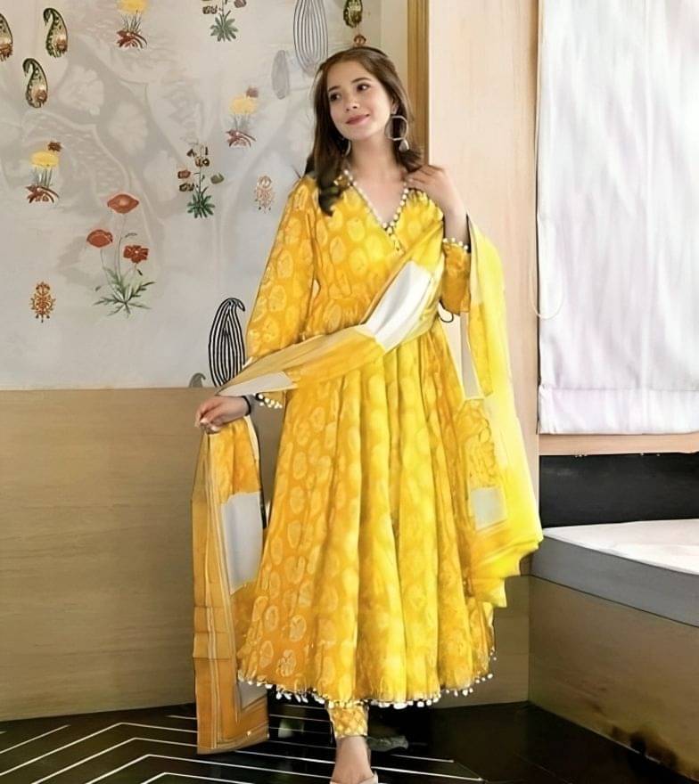 Himaksh Collection Women Cotton Blend Printed Anarkali Kurti With Pants ( Yellow ) Himaksh Collection Women Cotton Blend Printed Anarkali Kurti With Pants ( Yellow )