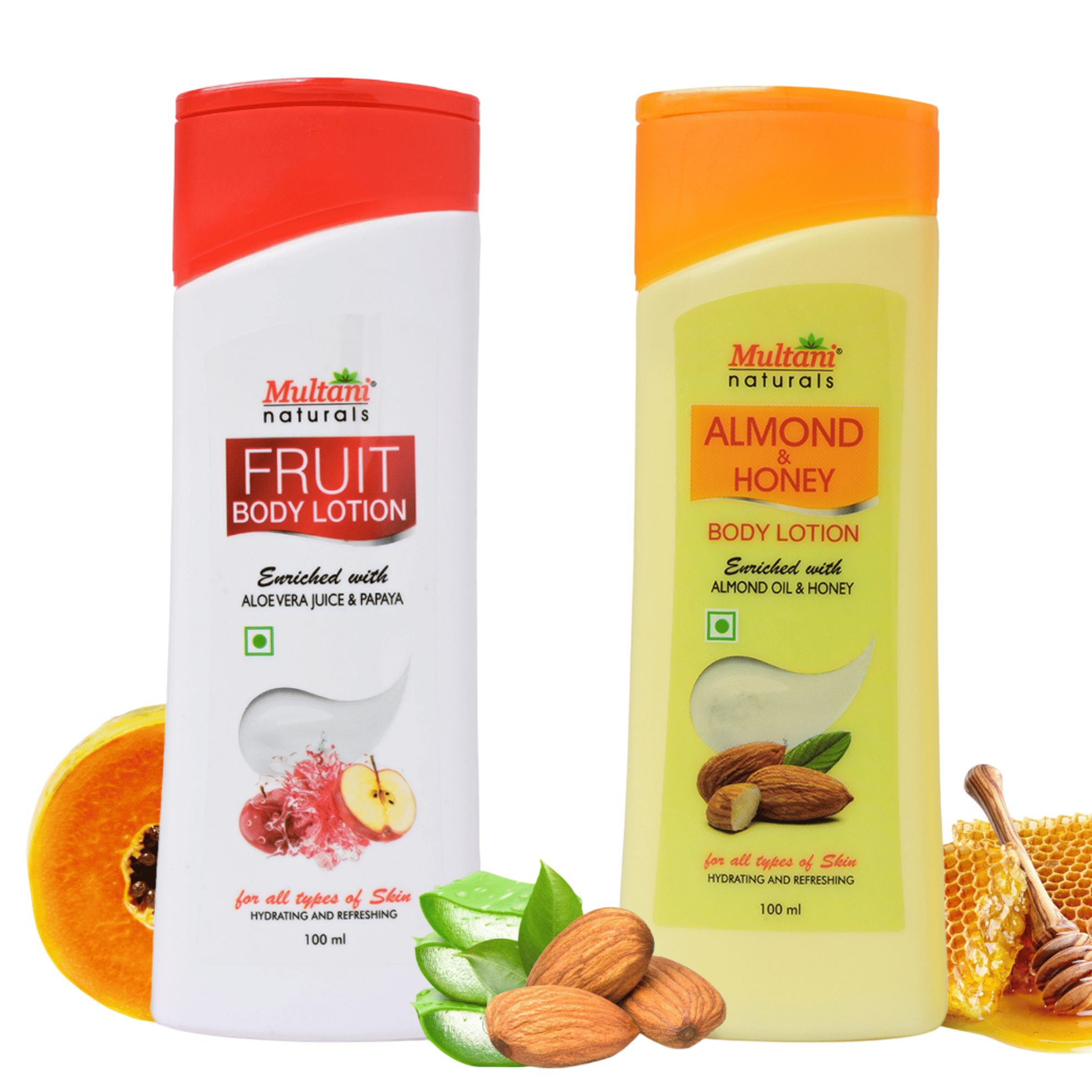 Multani Naturals Body Lotion Combo , Fruit & Almond Honey, Deep Hydration 100 Ml Each (Pack of 2)