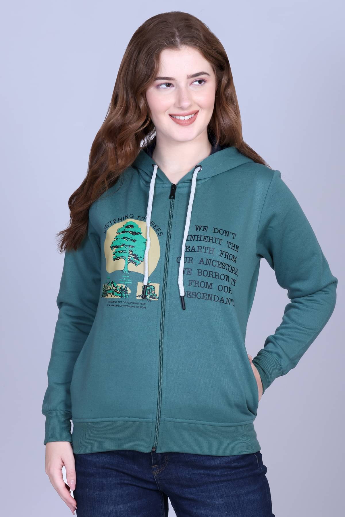     			Sportizm Women Fleece Round Neck Sweatshirt For Light Winters ( Green )