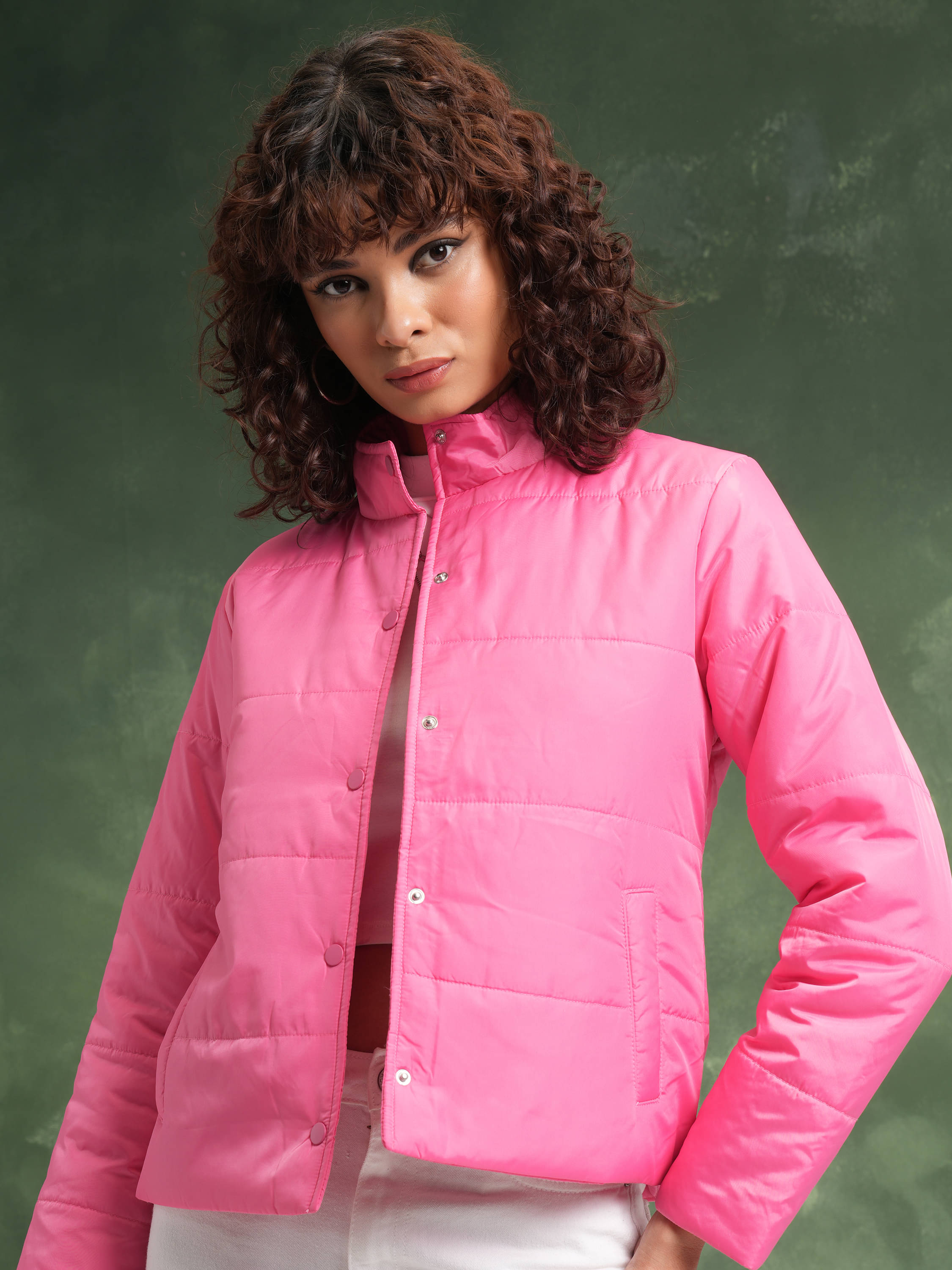 Tokyo Talkies Women High Neck Padded Jacket ( Pink ) Tokyo Talkies Women High Neck Padded Jacket ( Pink )