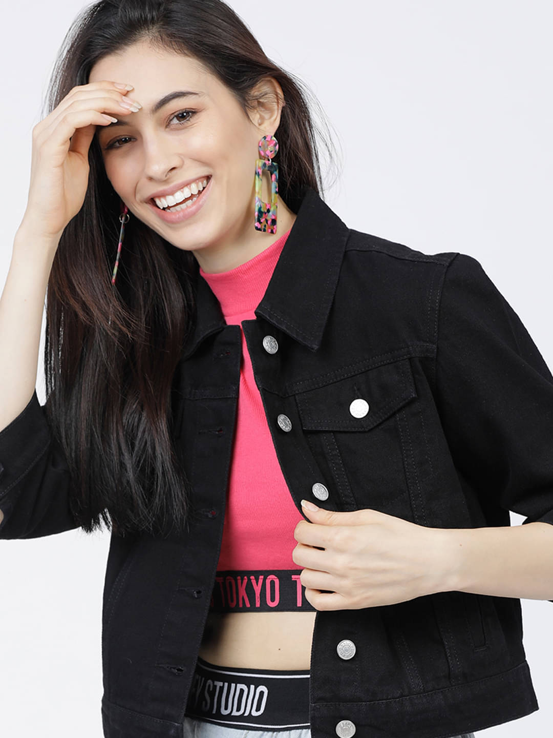     			Tokyo Talkies Women Shirt Collar Denim Jacket ( Black )